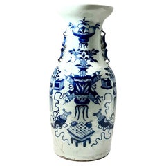 Antique 19th Century Chinese Blue and White Vase with Celadon Cast and Foo Dog Handles