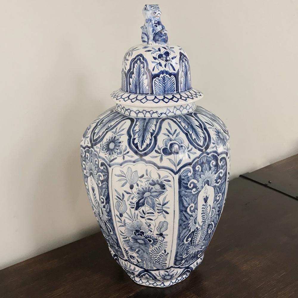 Chinese Export 19th Century Delft Blue and White Lidded Vase