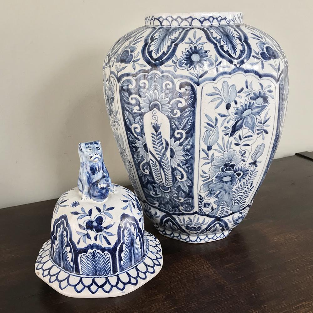 Hand-Painted 19th Century Delft Blue and White Lidded Vase