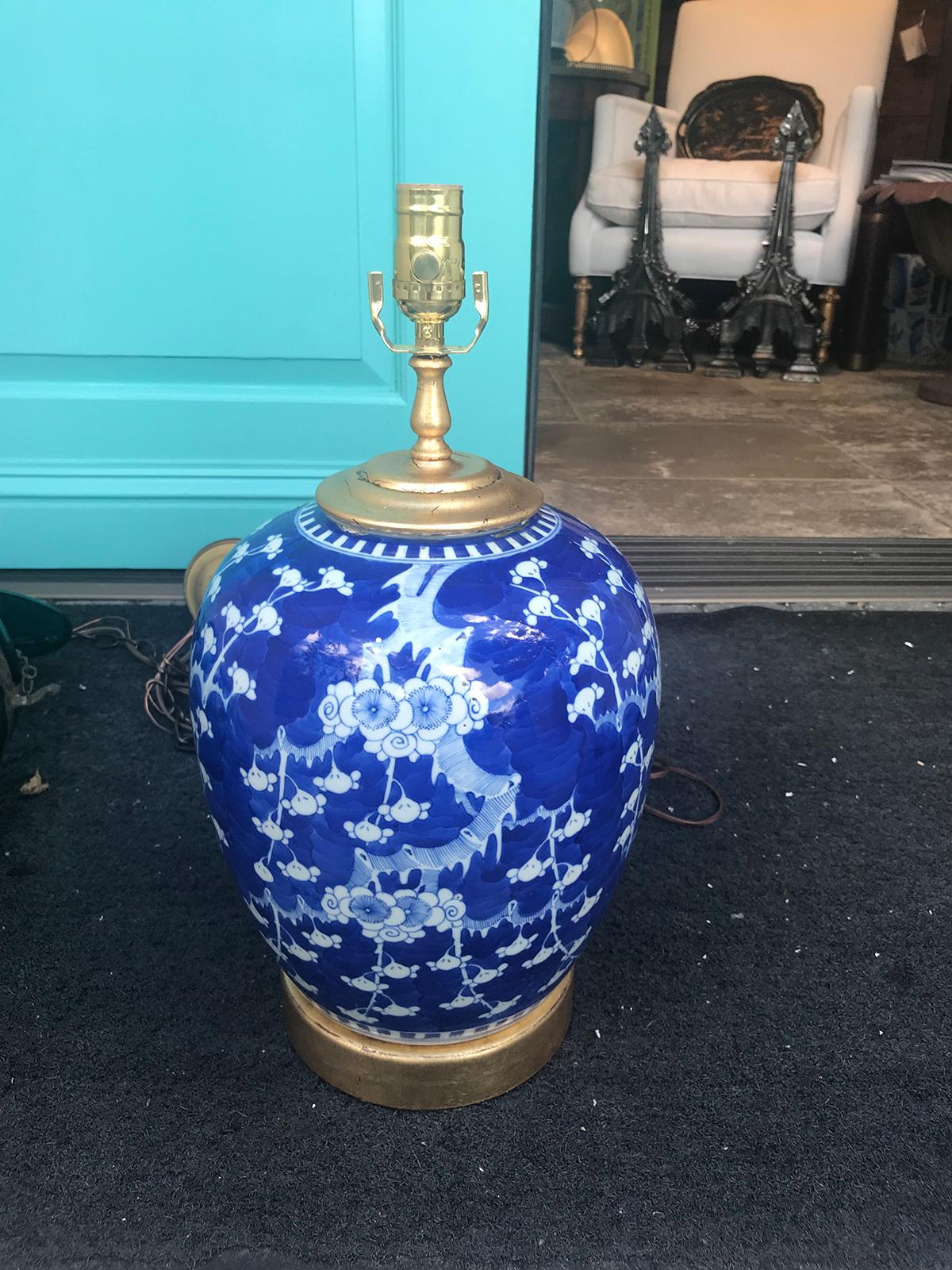 19th Century Chinese Blue and White Peach Blossom Porcelain Lamp In Good Condition In Atlanta, GA