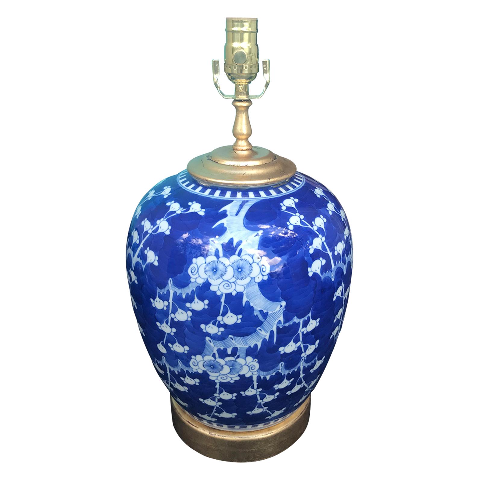 19th Century Chinese Blue and White Peach Blossom Porcelain Lamp