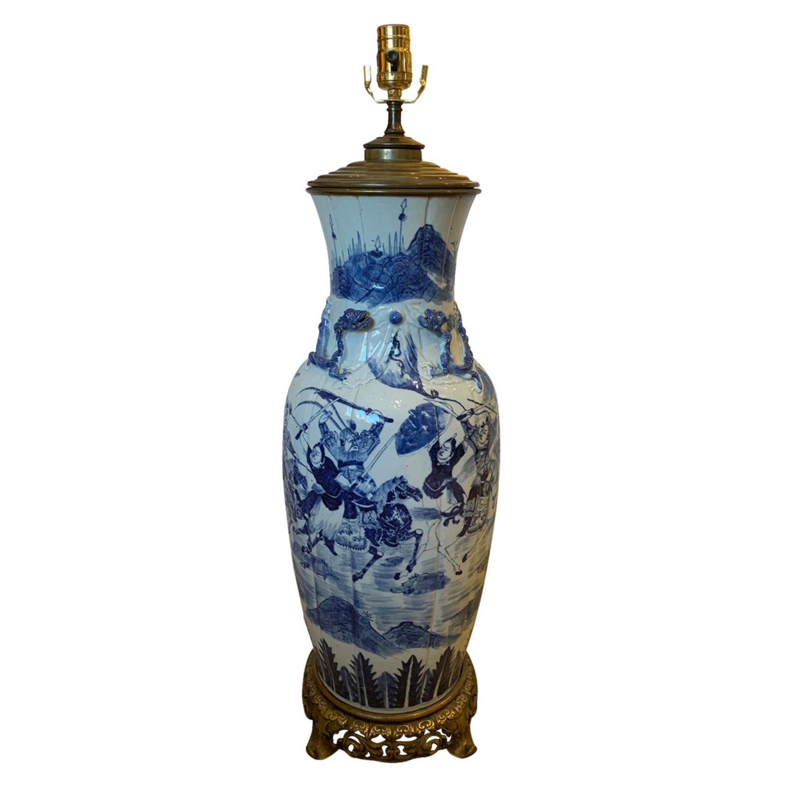 19th Century Chinese Blue and White Porcelain Lamp with Bronze Mounts