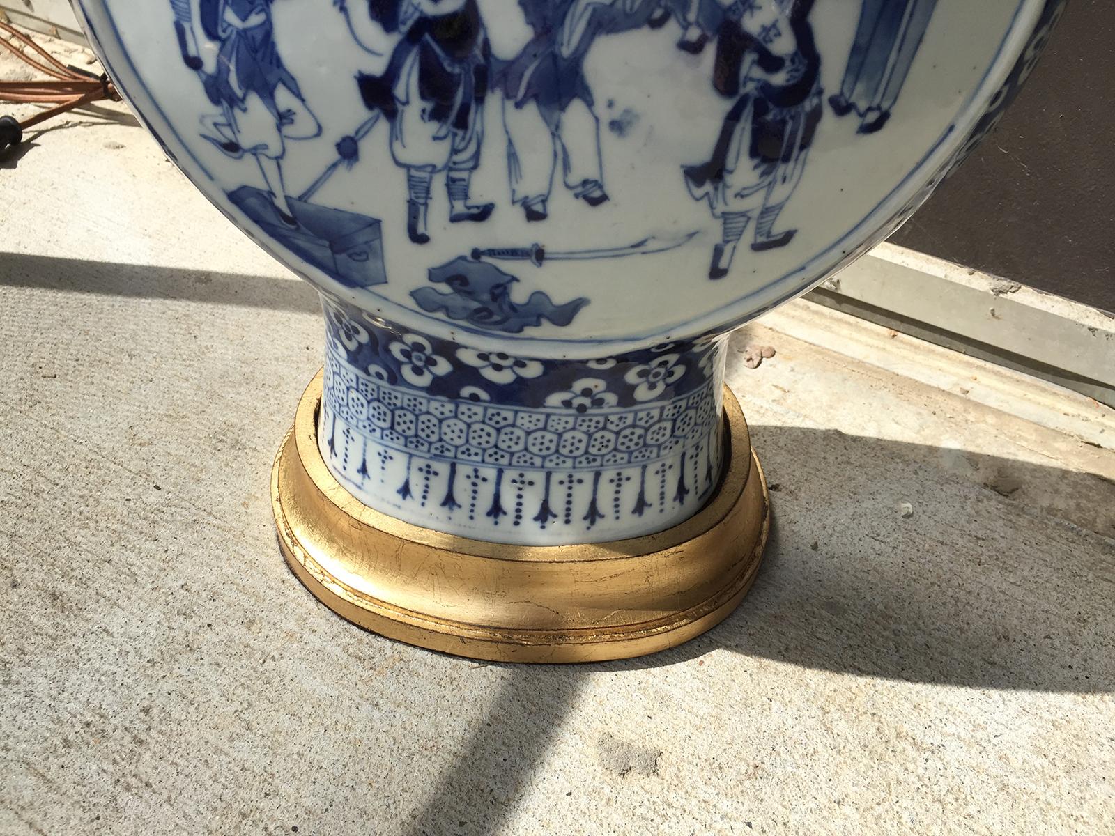 19th Century Chinese Blue and White Porcelain Moon Flask as Lamp, Custom Base In Good Condition In Atlanta, GA