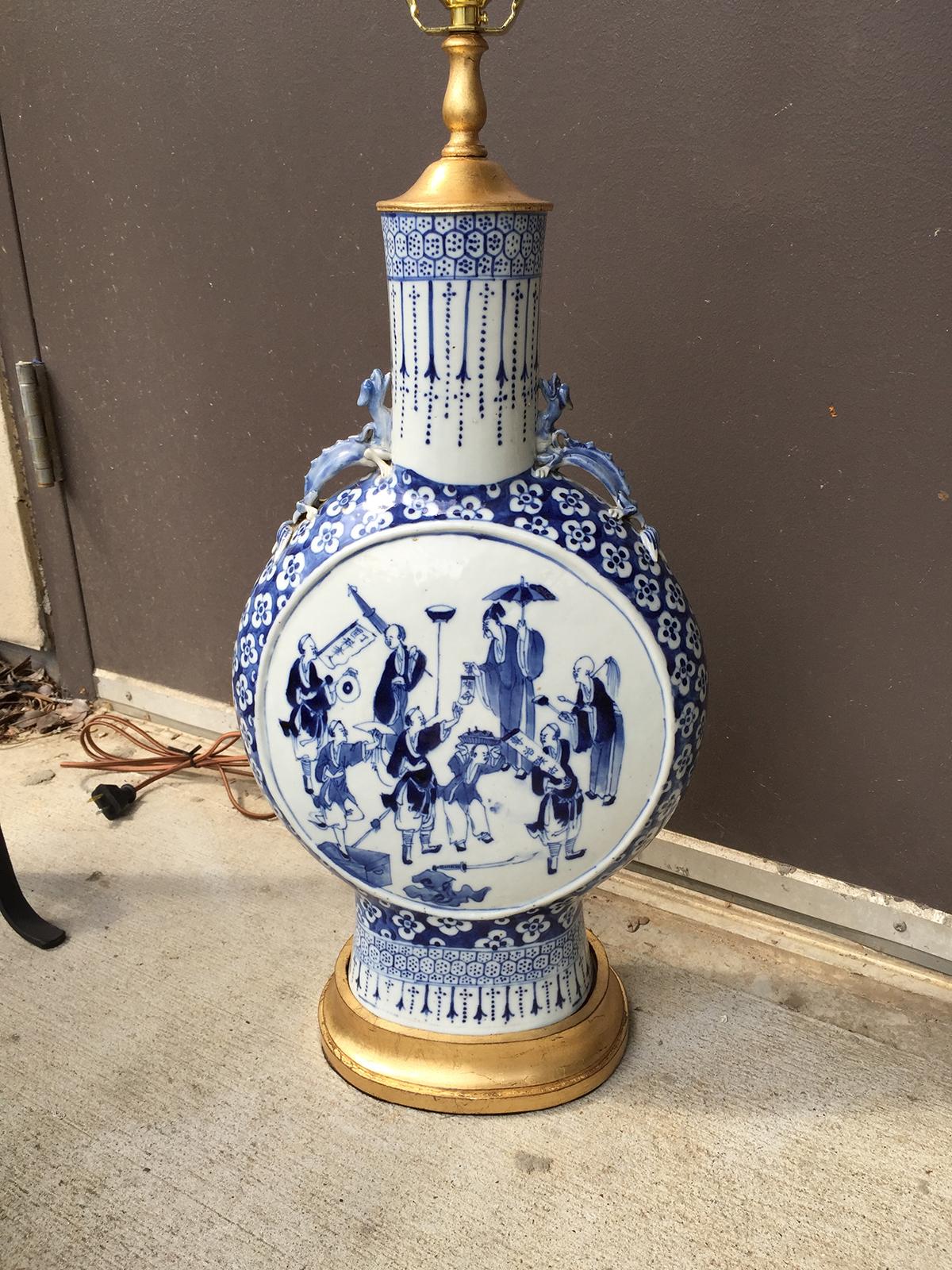 19th Century Chinese Blue and White Porcelain Moon Flask as Lamp, Custom Base 2