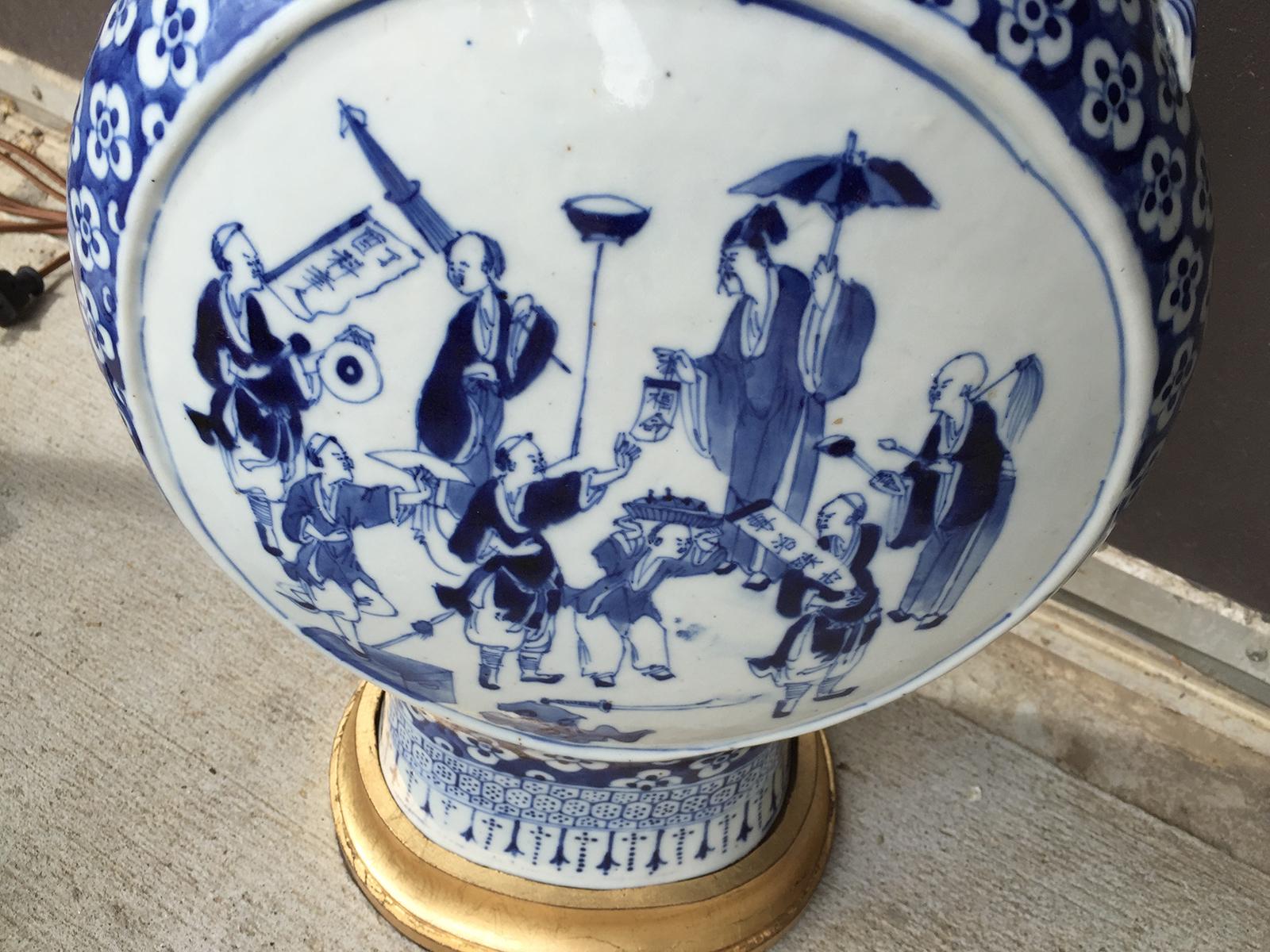 19th Century Chinese Blue and White Porcelain Moon Flask as Lamp, Custom Base 4