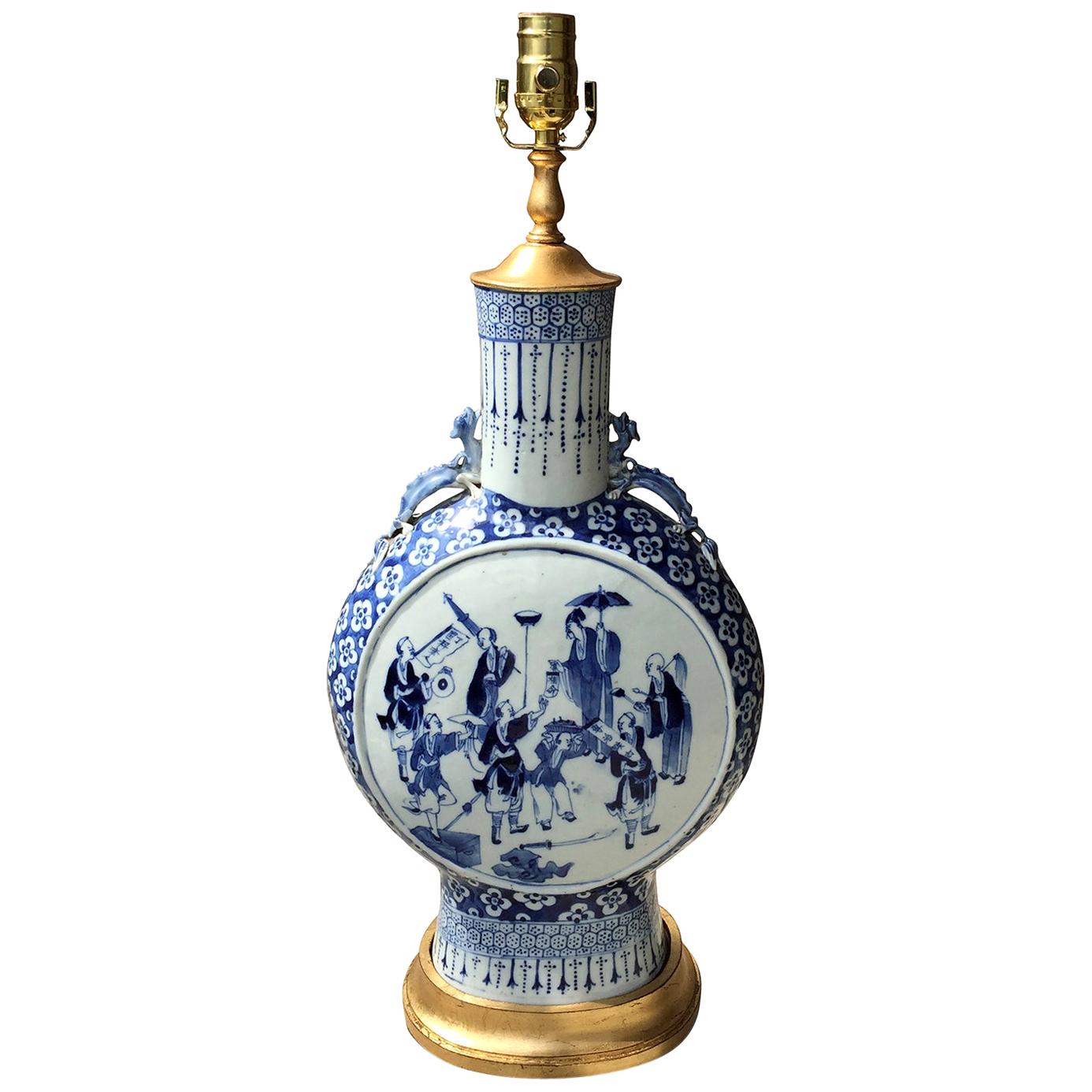 19th Century Chinese Blue and White Porcelain Moon Flask as Lamp, Custom Base