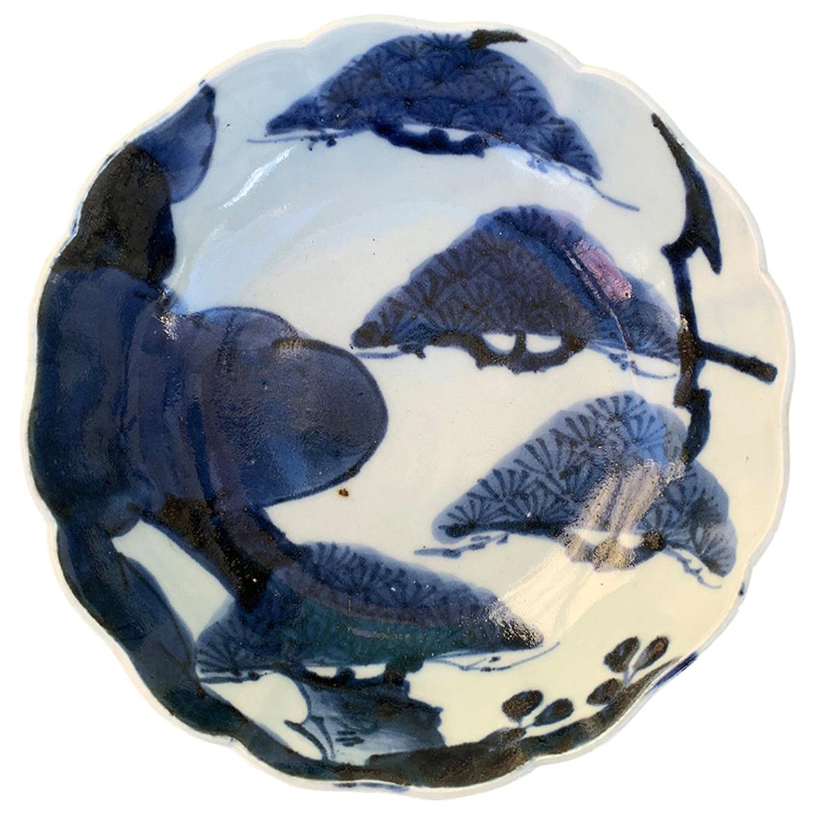 19th Century Chinese Blue & White Porcelain Scalloped Bowl, Bonsai Tree Pattern