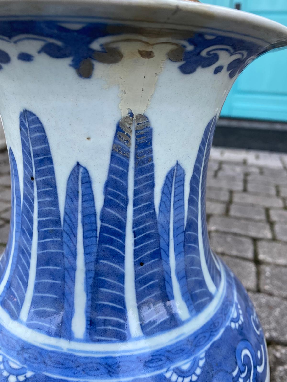 19th Century Chinese Blue & White Porcelain Vase as Lamp, Red Mark on Base For Sale 8