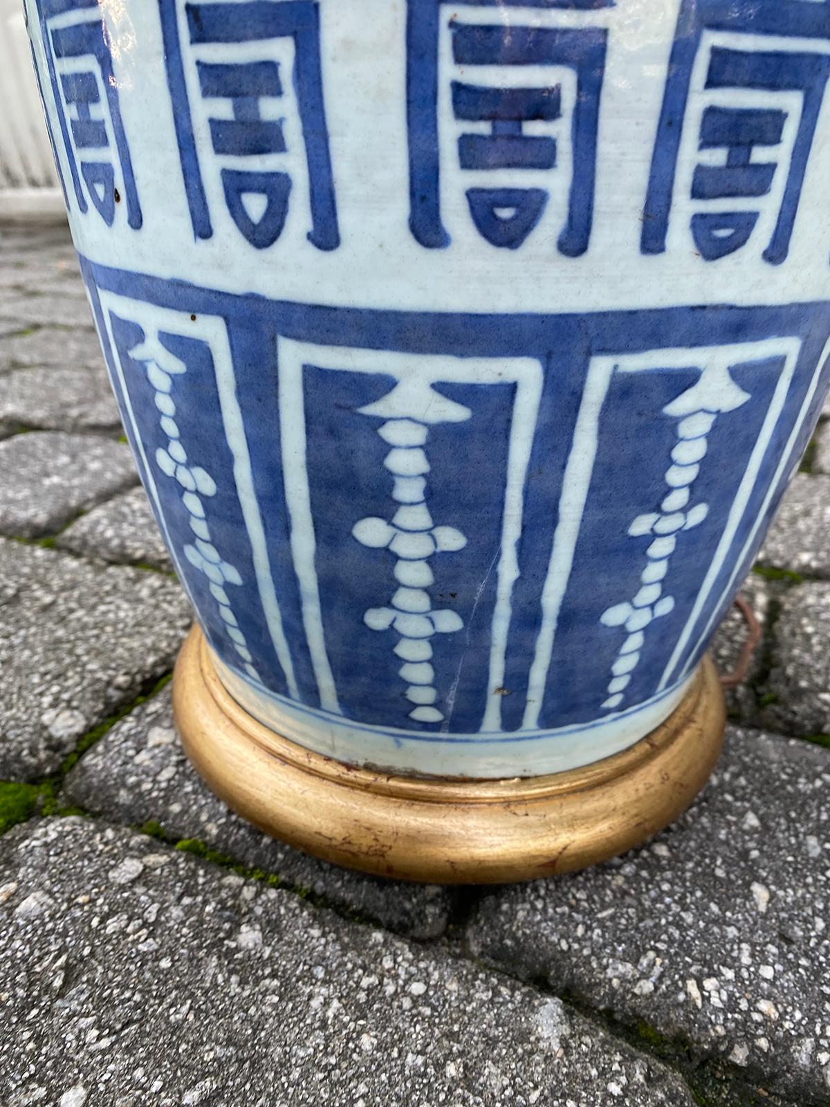 19th Century Chinese Blue & White Porcelain Vase as Lamp, Red Mark on Base For Sale 9