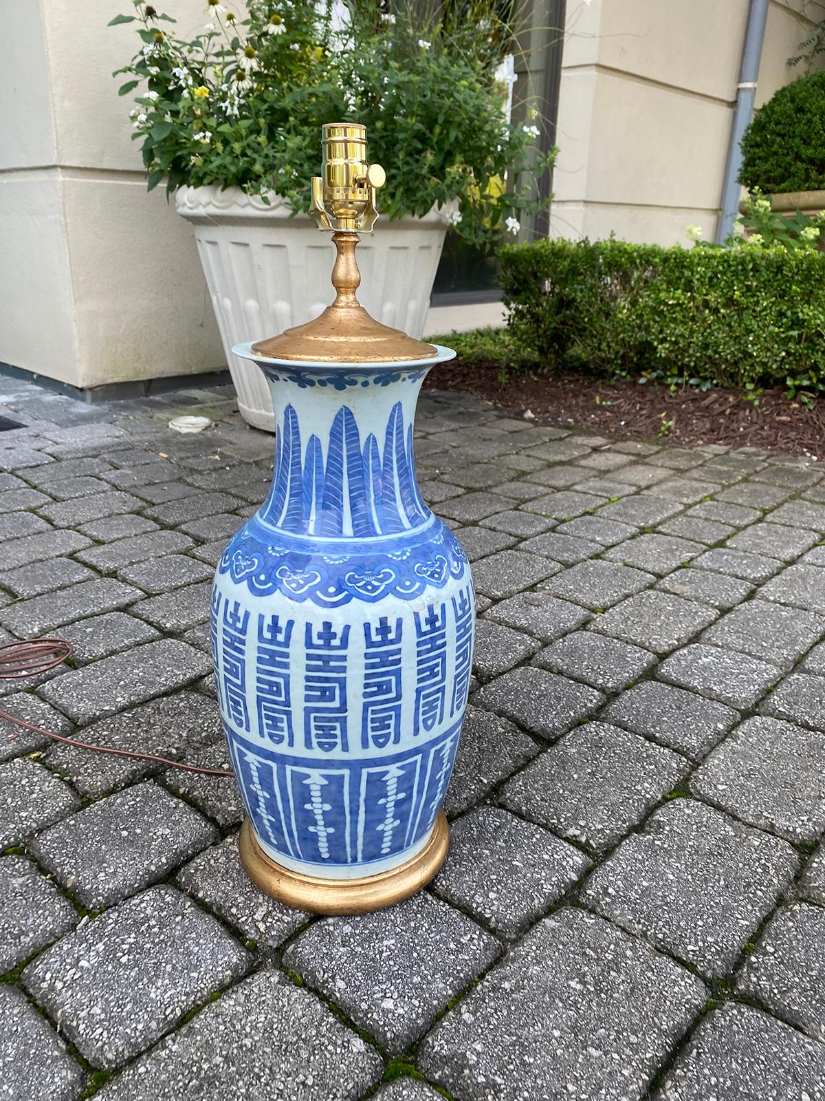 19th Century Chinese Blue & White Porcelain Vase as Lamp, Red Mark on Base For Sale 1