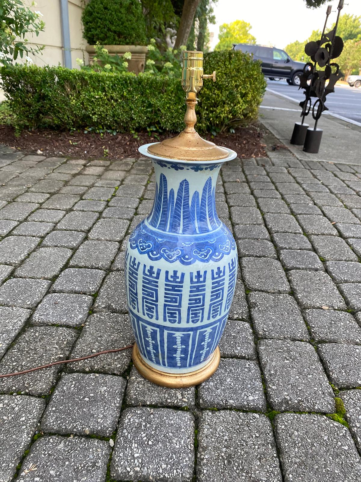 19th Century Chinese Blue & White Porcelain Vase as Lamp, Red Mark on Base For Sale 2