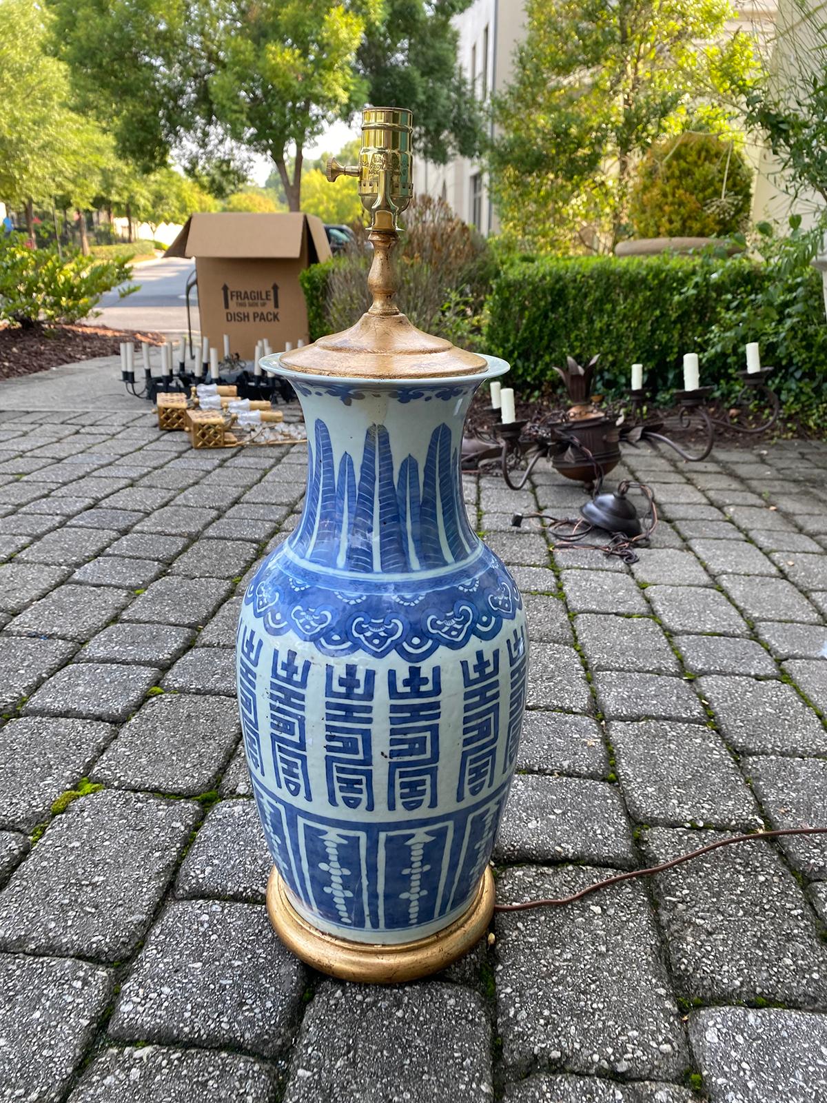 19th Century Chinese Blue & White Porcelain Vase as Lamp, Red Mark on Base For Sale 3