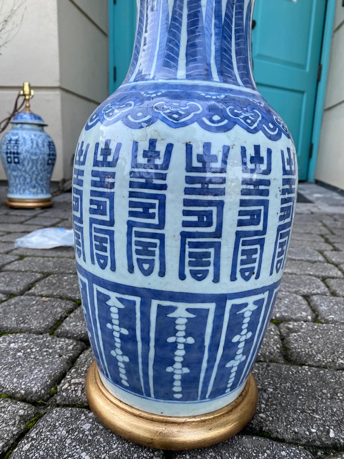 19th Century Chinese Blue & White Porcelain Vase as Lamp, Red Mark on Base For Sale 6