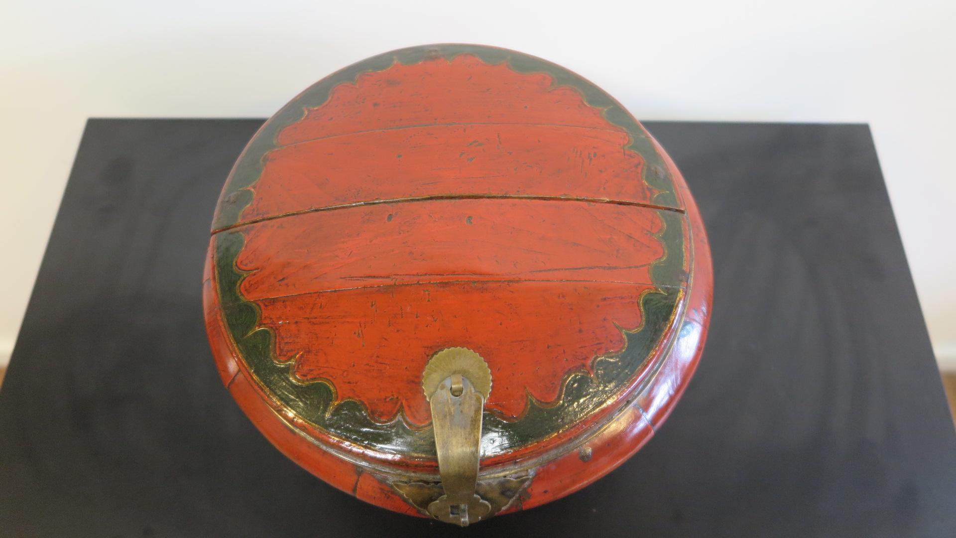 19th Century Chinese Fruit Box.  A wonderfully shaped antique box used for serving special fruits and candies.  Assembled sculpted pieces of elm wood creating this magnificent mushroom cap shaped box adorned in red lacquer and bronze hardware closer