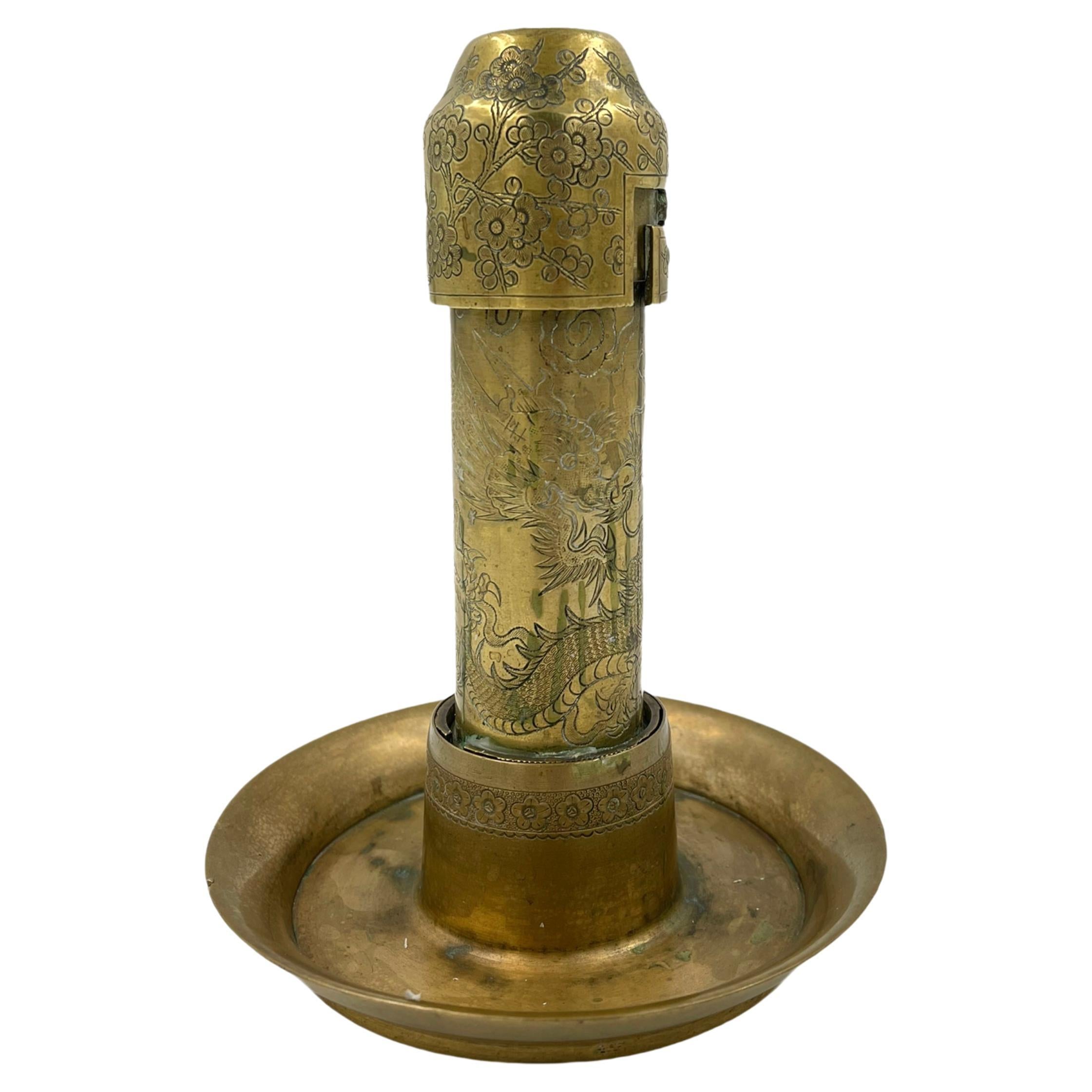 Unusual Chinese Old Heavy Brass Dragon Motif Spring-loaded Candle Holder. All decorations are all hand casted.
Measures: 6.5”Height x 5.25”Diameter.