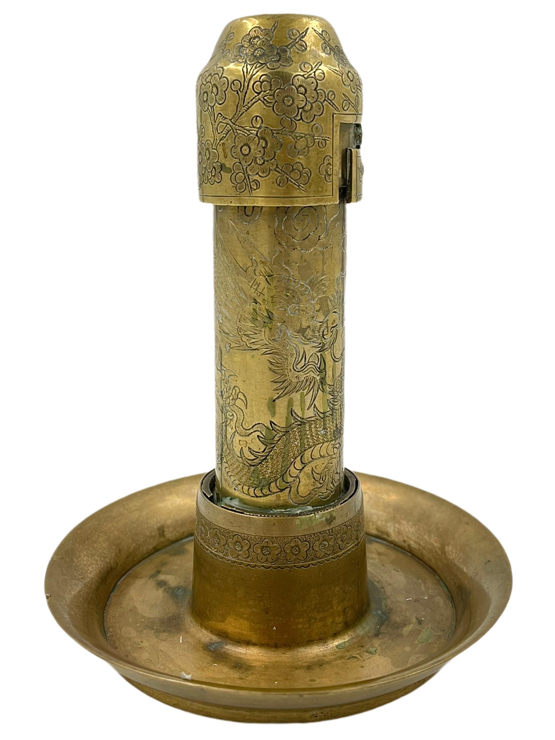 Tang 19th Century Chinese Brass Dragon Motif Candle Holder For Sale