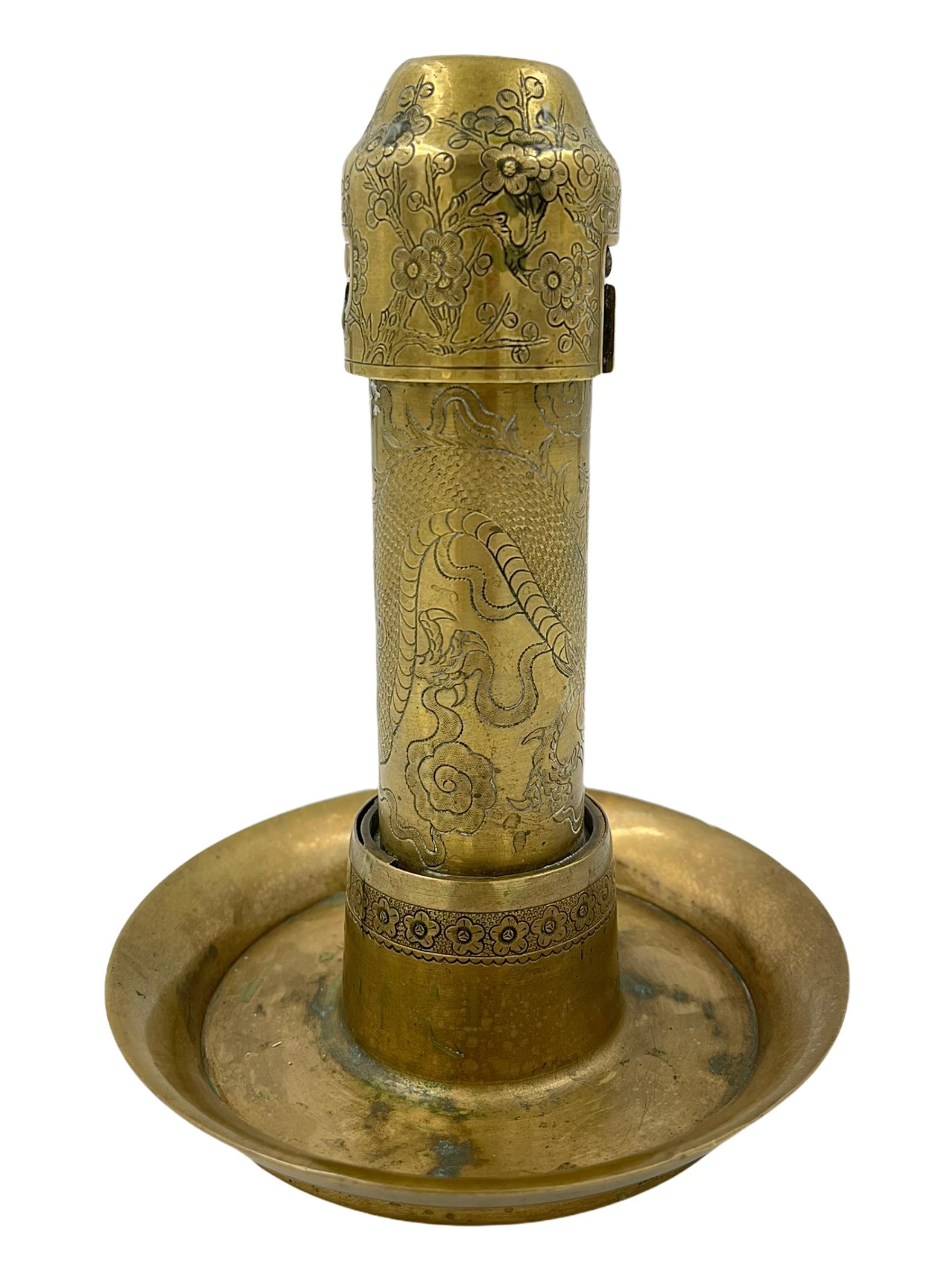 19th Century Chinese Brass Dragon Motif Candle Holder In Good Condition For Sale In Bastrop, TX