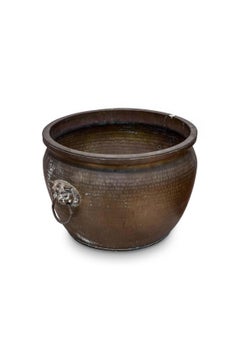 19th Century Chinese Hand-Hammered Brass Planter with Lion Mask Ring Handles