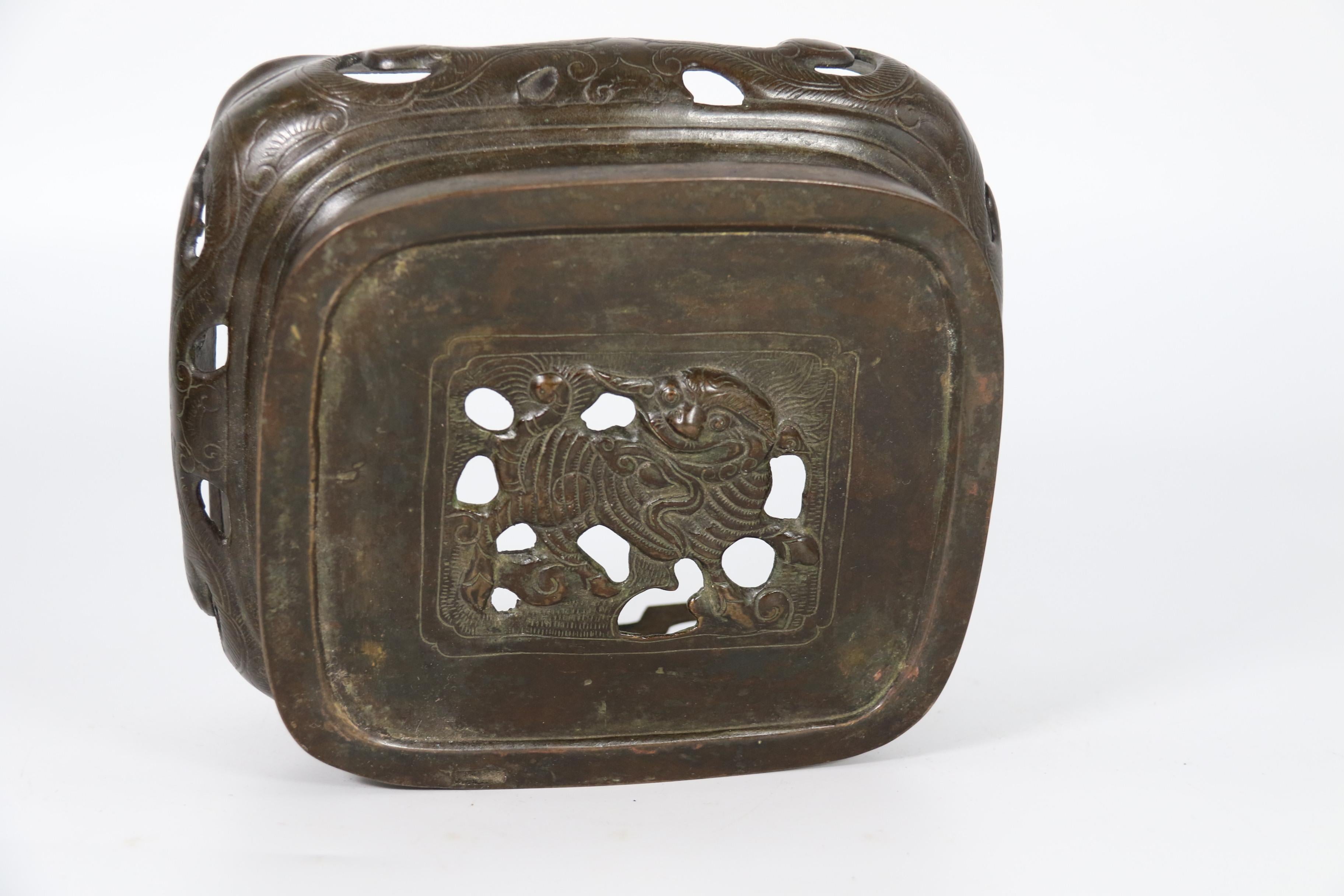 19th century Chinese bronze cencer with Buddhist lion decoration circa 1860 For Sale 11