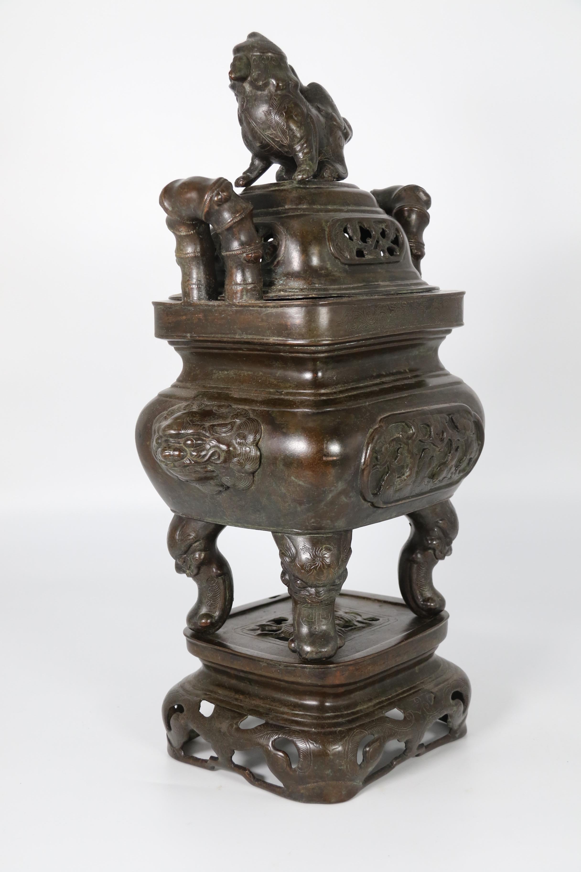 19th Century 19th century Chinese bronze cencer with Buddhist lion decoration circa 1860 For Sale