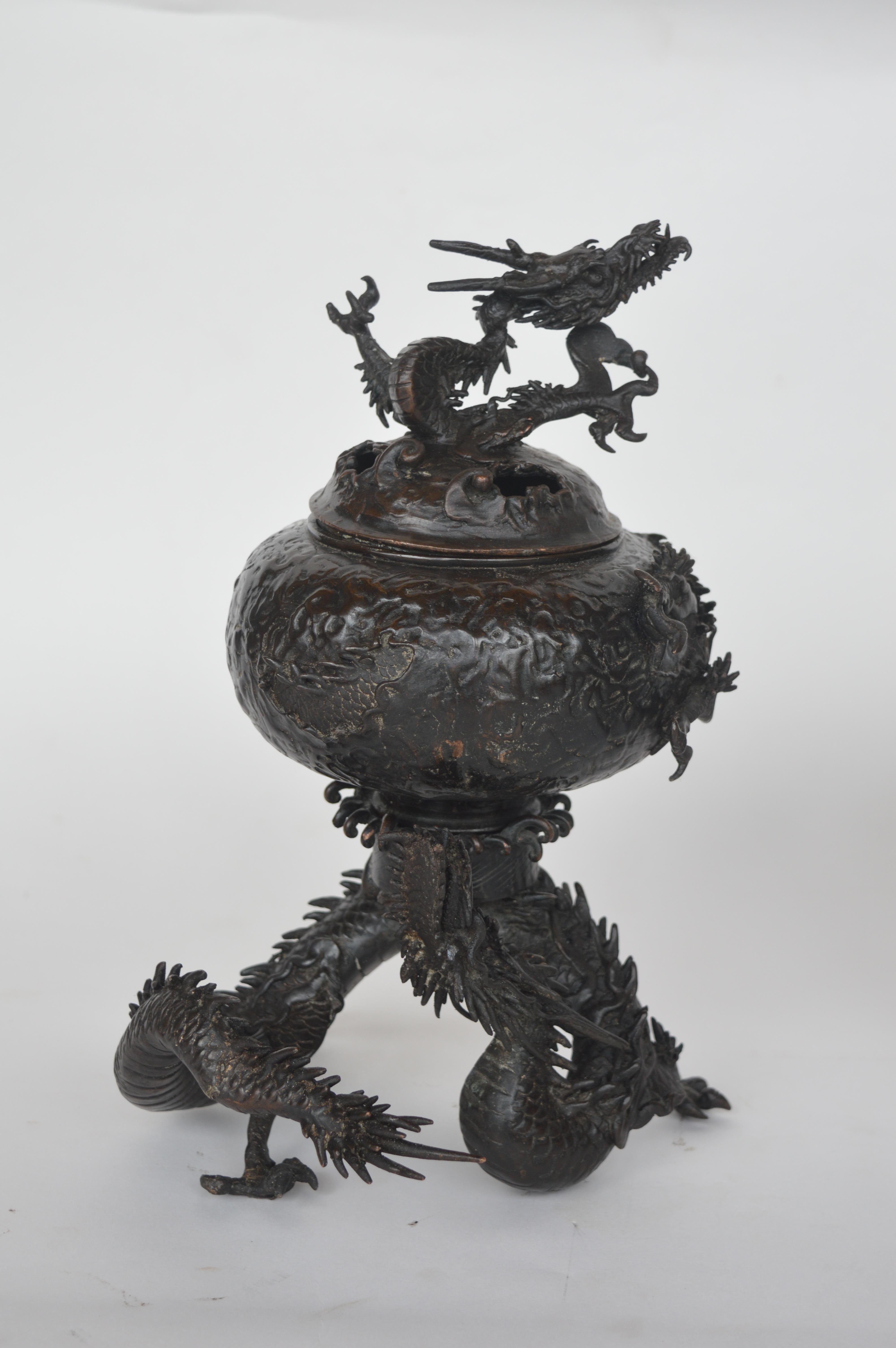 Late 19th century Chinese bronze Dragons incense burners, Dark Patina.