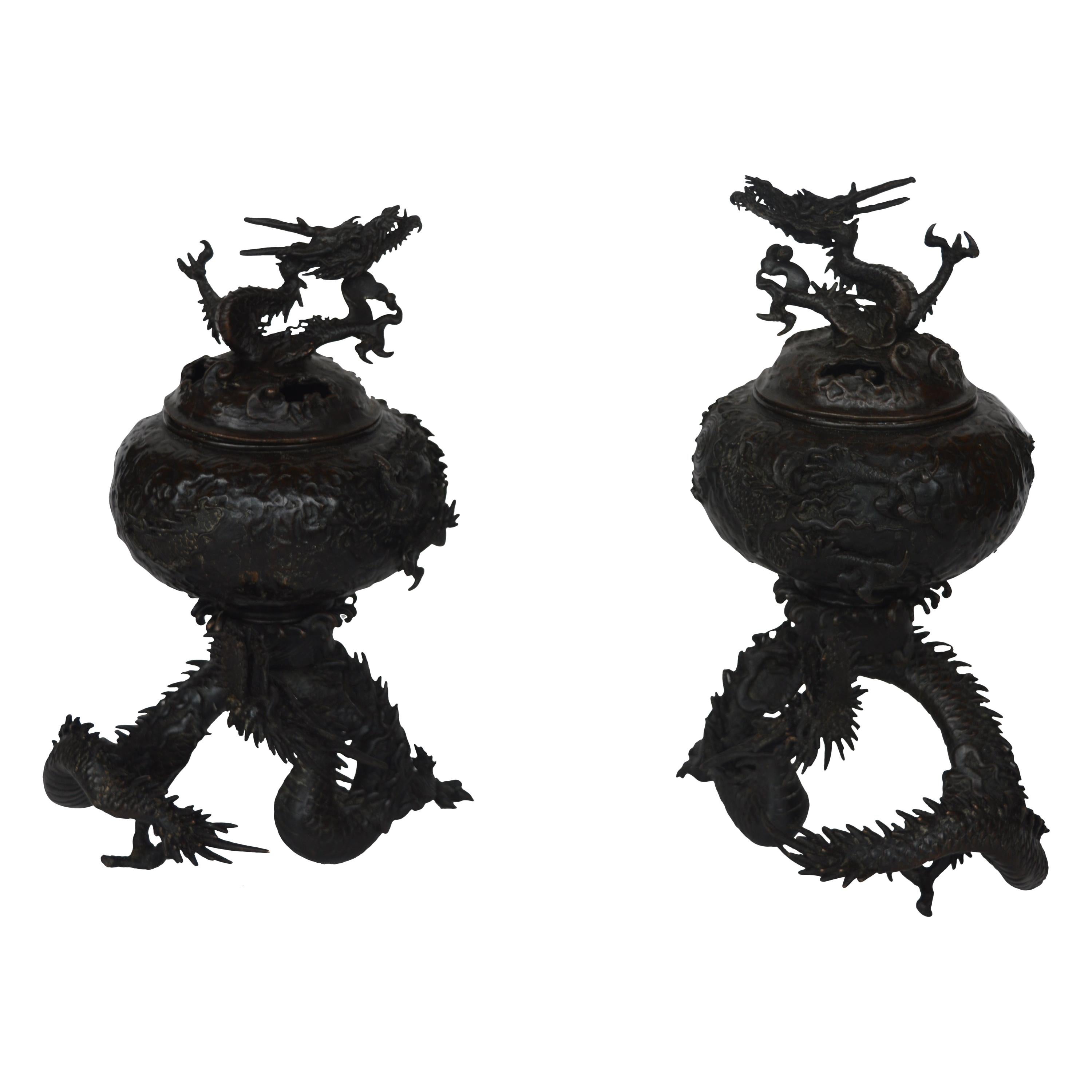 19th Century Chinese Bronze Dragon Incense Burners