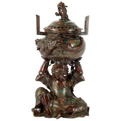 Antique Japanese Bronze Figure Holding an Incense Burner, circa 1900