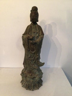 19th Century Chinese Bronze Kwan Yin Statue on Lotus Base