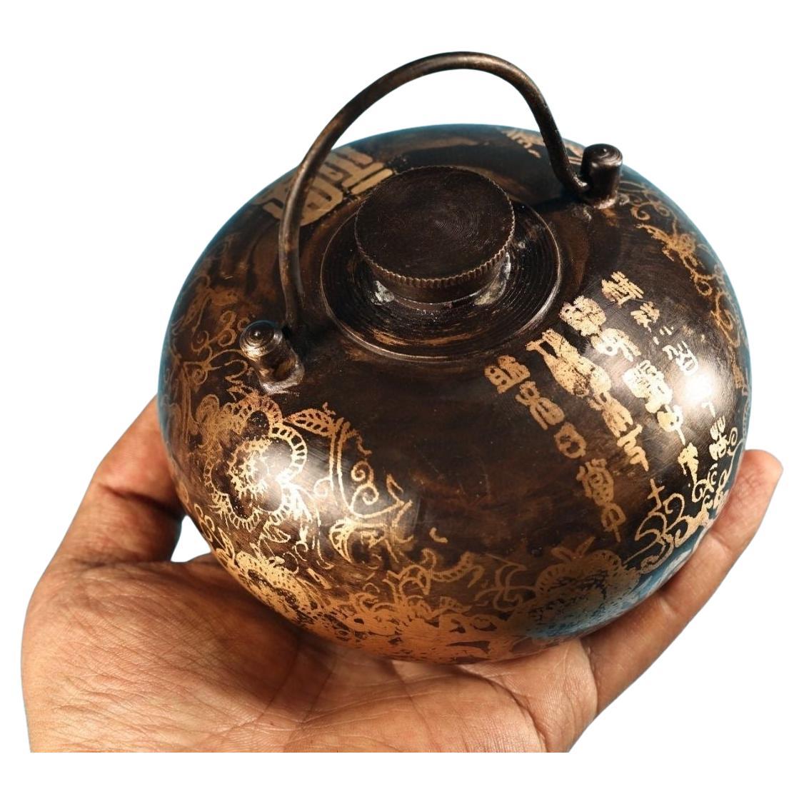 19th Century Chinese Bronze Warm Hand Foot Pot with Auspicious Paintings
