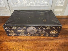 19th Century Chinese Brown Leather Trunk with Gilded Decoration