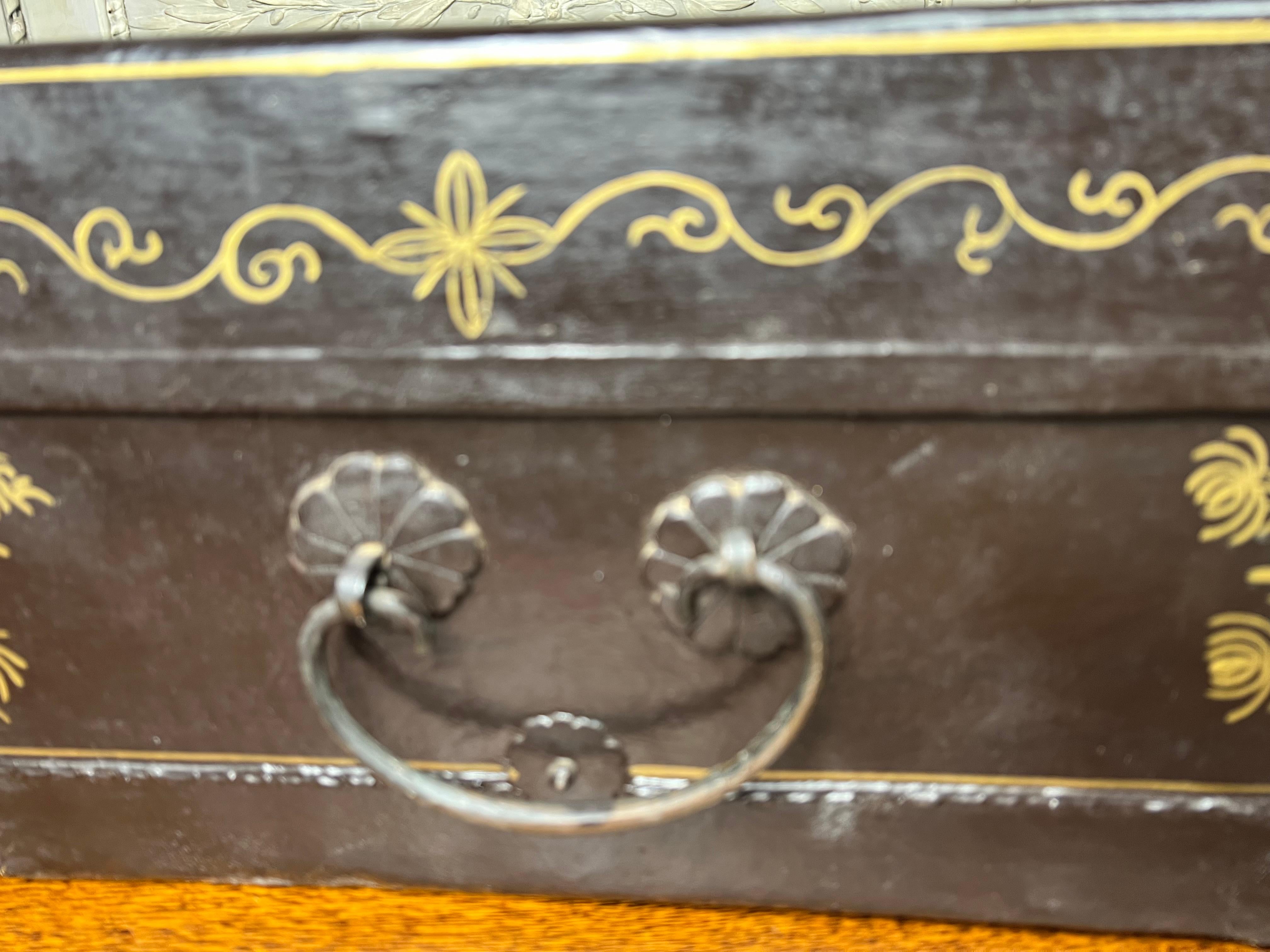 Bronze 19th Century Chinese Brown Leather Trunk with Gilded Decoration For Sale