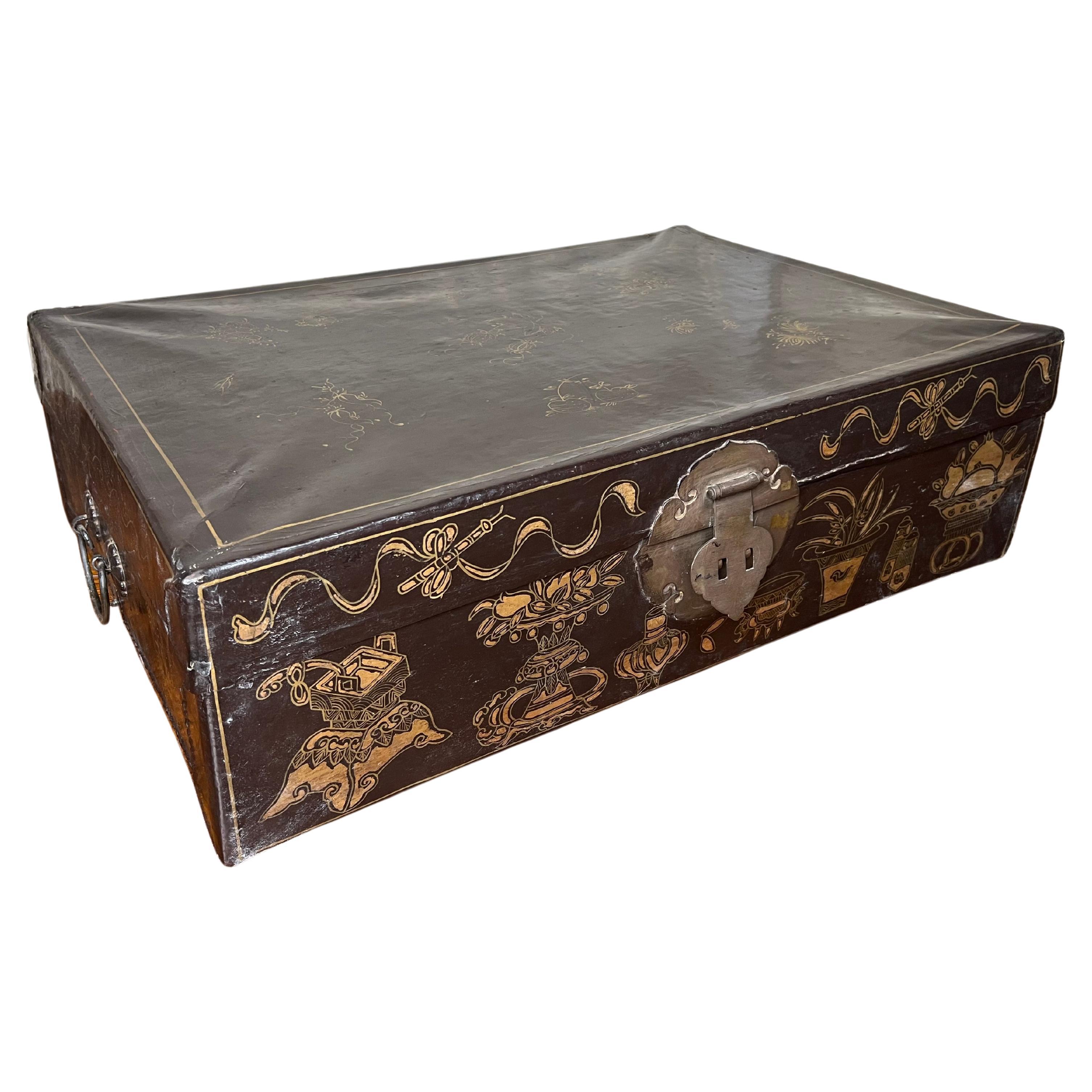 19th Century Chinese Brown Leather Trunk with Gilded Decoration For Sale