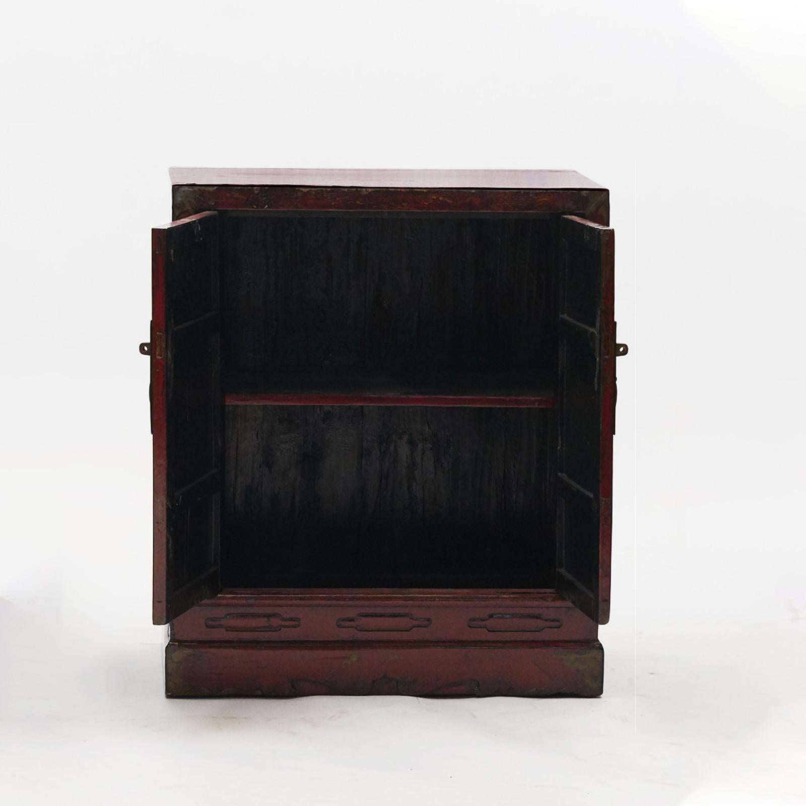 Cabinet with original red lacquer on front, original black lacquer on sides and top. Beautiful, natural patina. From Jiangsu province, China, 1800-1830.