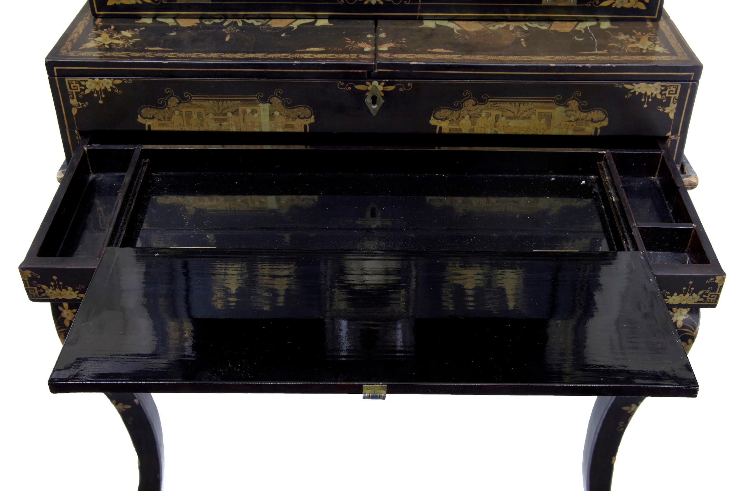 19th Century Chinese Canton Black Lacquered Desk Cabinet 6