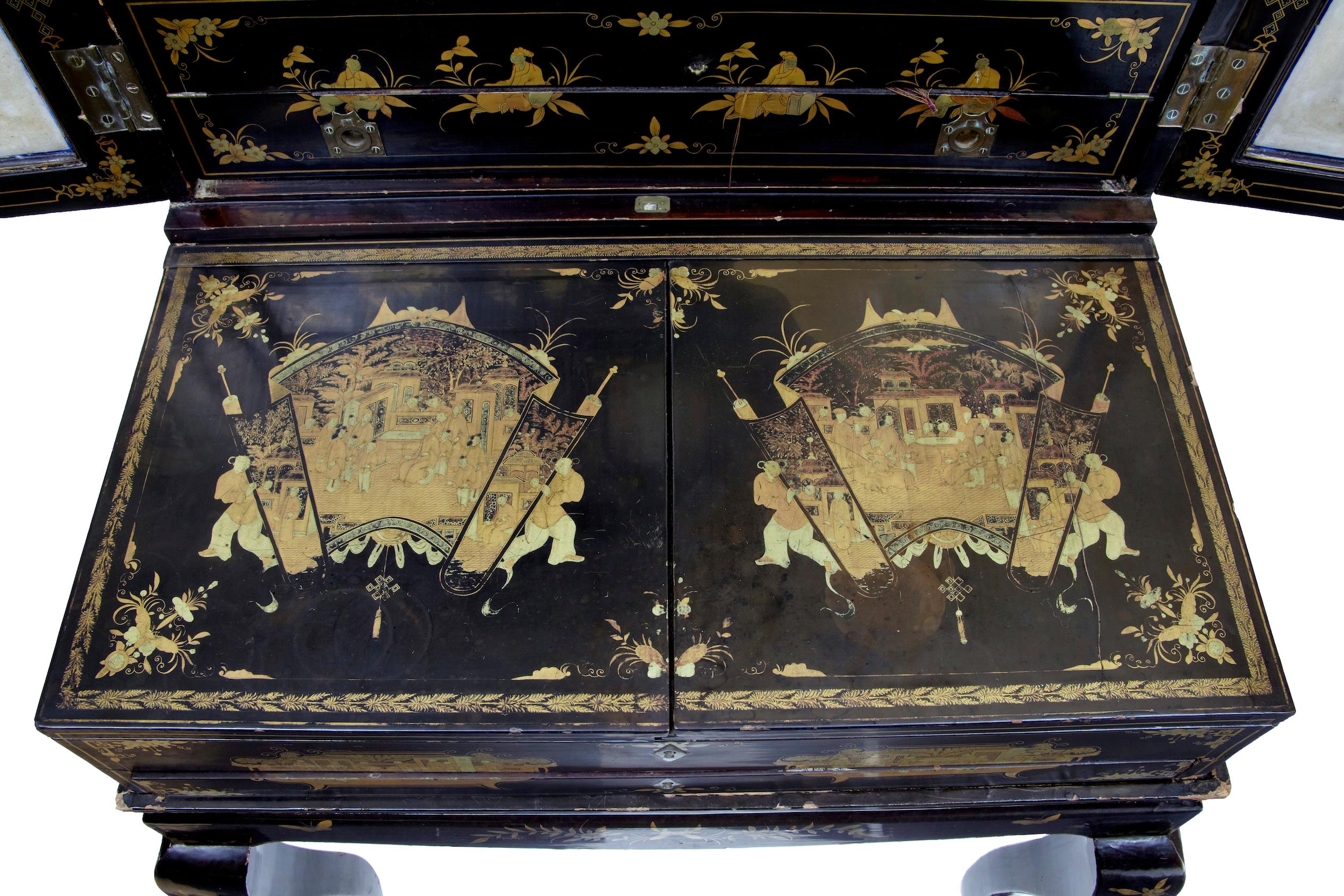 19th Century Chinese Canton Black Lacquered Desk Cabinet 8
