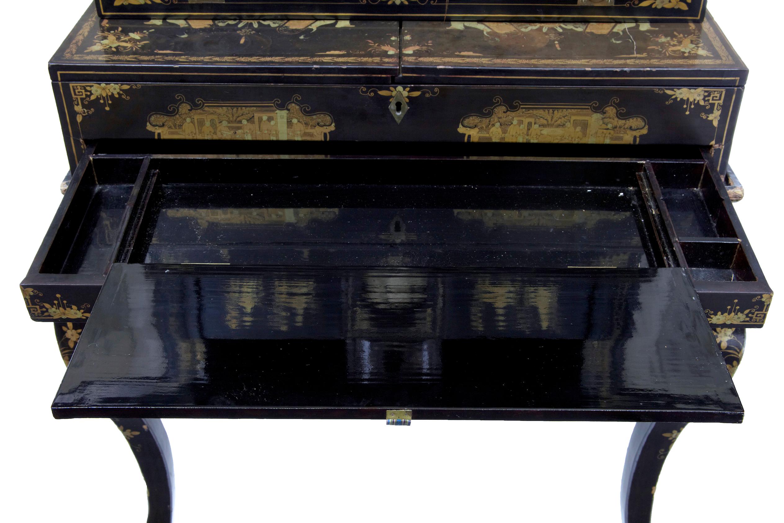 19th Century Chinese Canton Black Lacquered Desk Cabinet 9