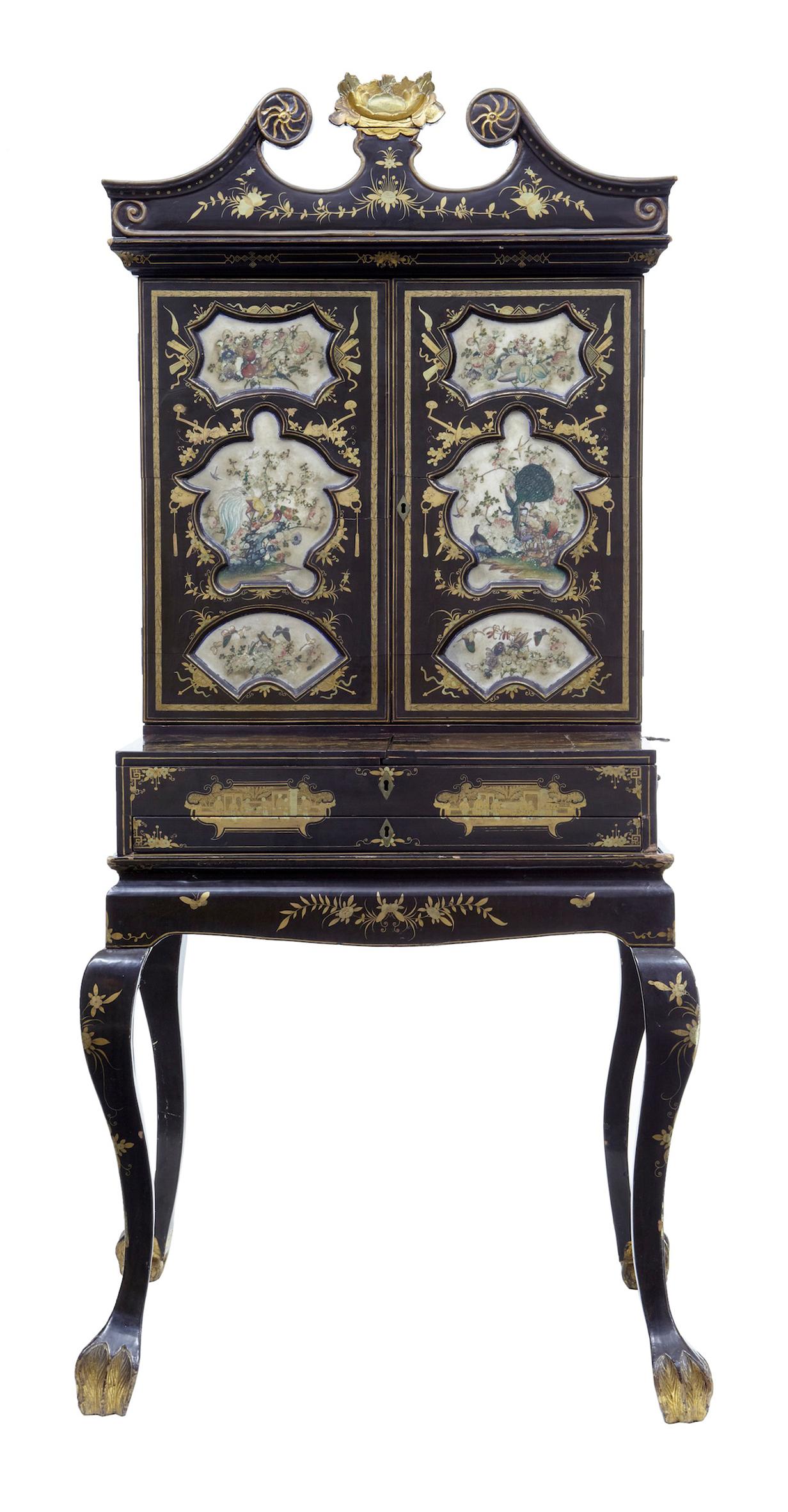 19th century Chinese canton black lacquered desk cabinet, circa 1830.

Stunning quality Chinese export desk, circa 1830. Main feature is the rare alabaster doors which have been hand painted both sides and allows the light to glow through when the