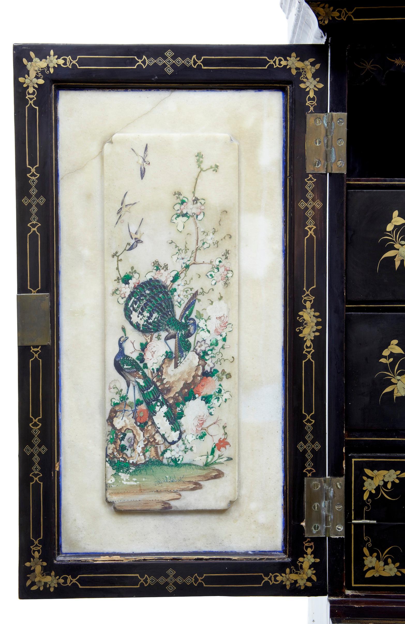 Hand-Painted 19th Century Chinese Canton Black Lacquered Desk Cabinet