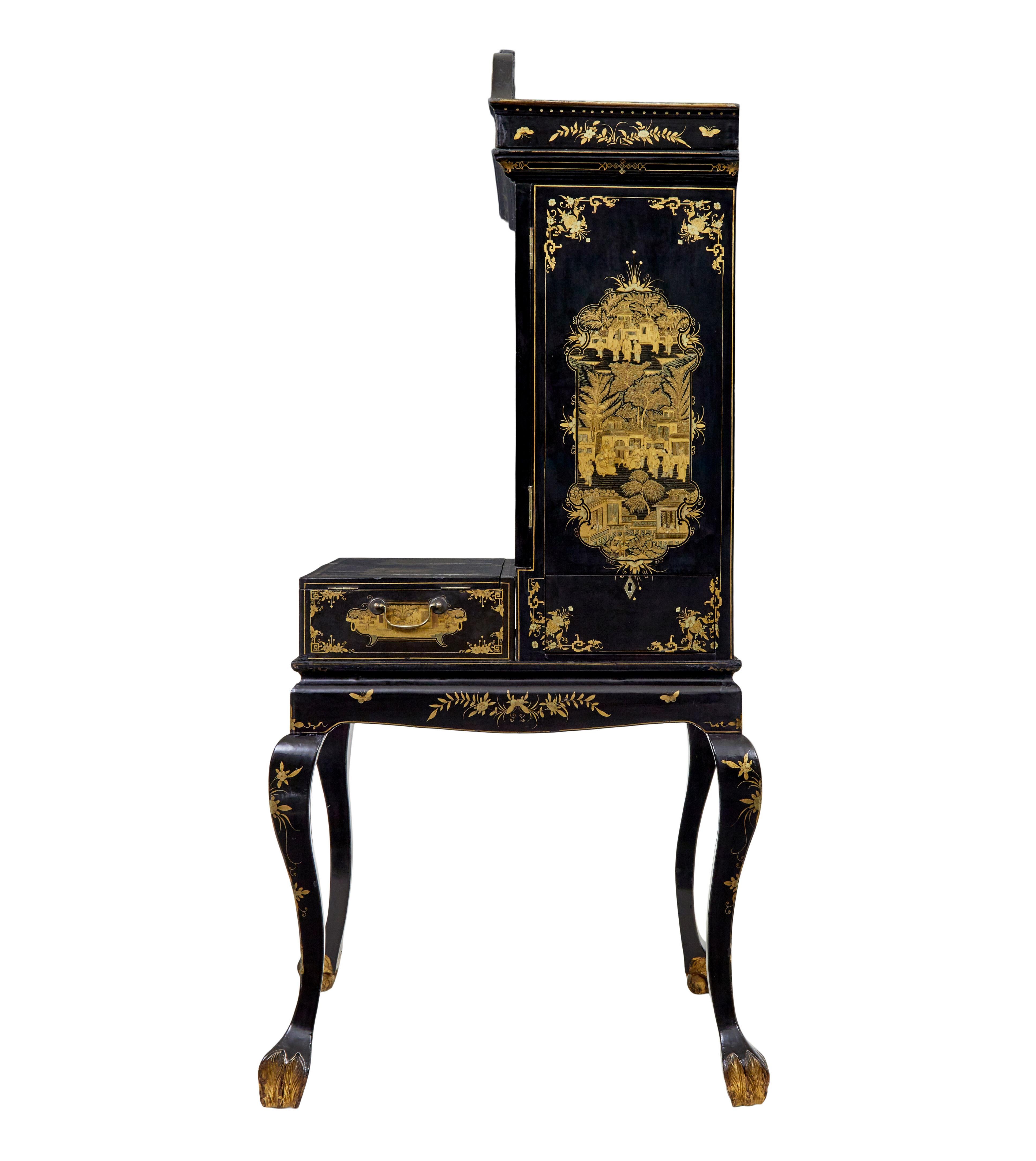 Hand-Carved 19th century Chinese canton black lacquered desk cabinet For Sale