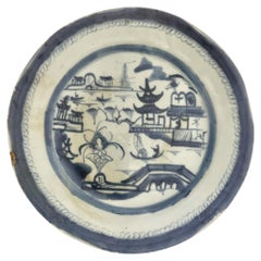 Antique 19th Century Chinese Canton Blue and White Porcelain Display Plate