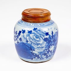 19th Century Chinese Canton Blue and White Porcelain Ginger Jar with Hardwood Li