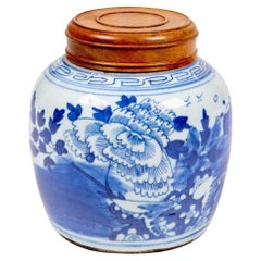 19th Century Chinese Canton Blue and White Porcelain Ginger Jar with Hardwood Li