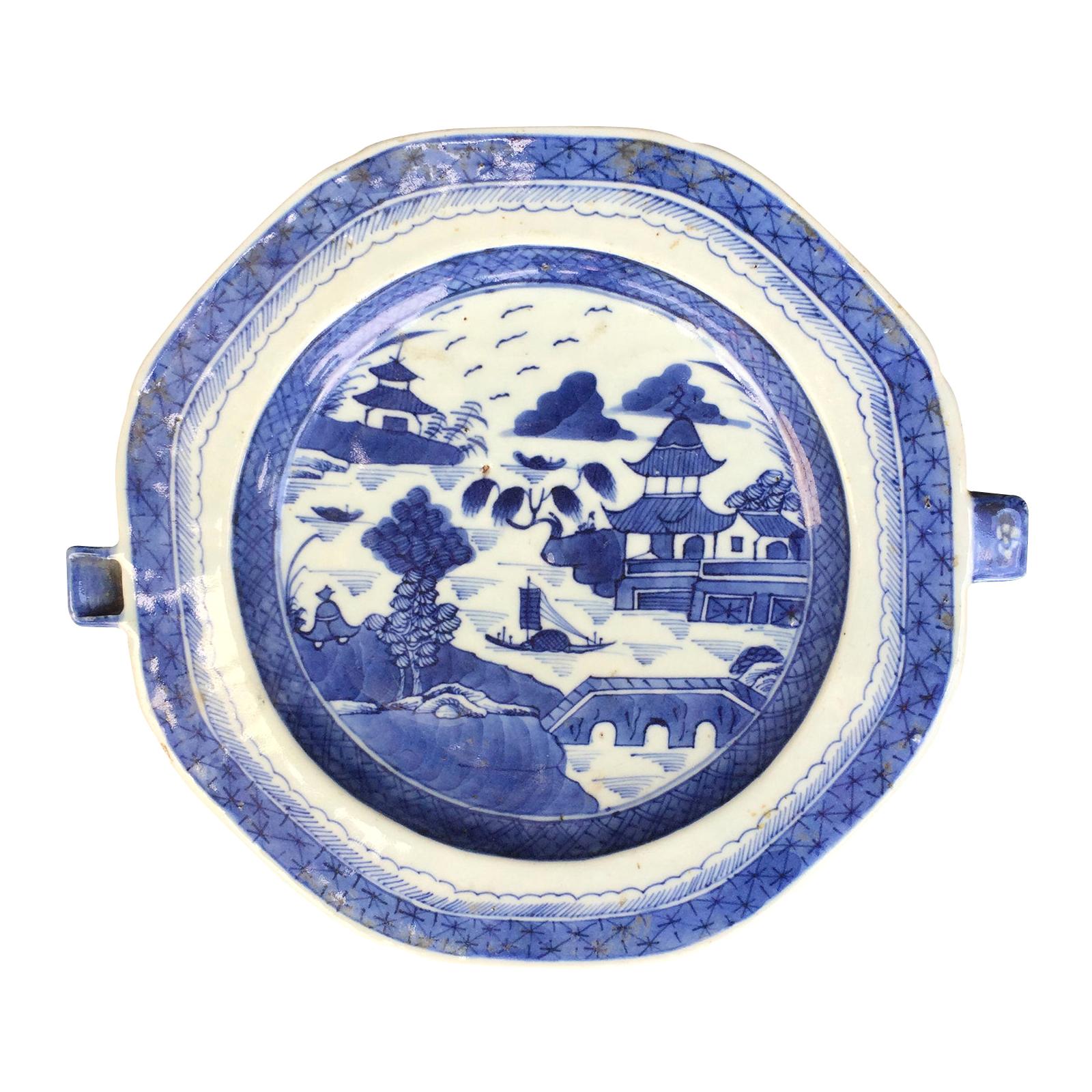 19th Century Chinese Canton Blue and White Plate Warmer For Sale