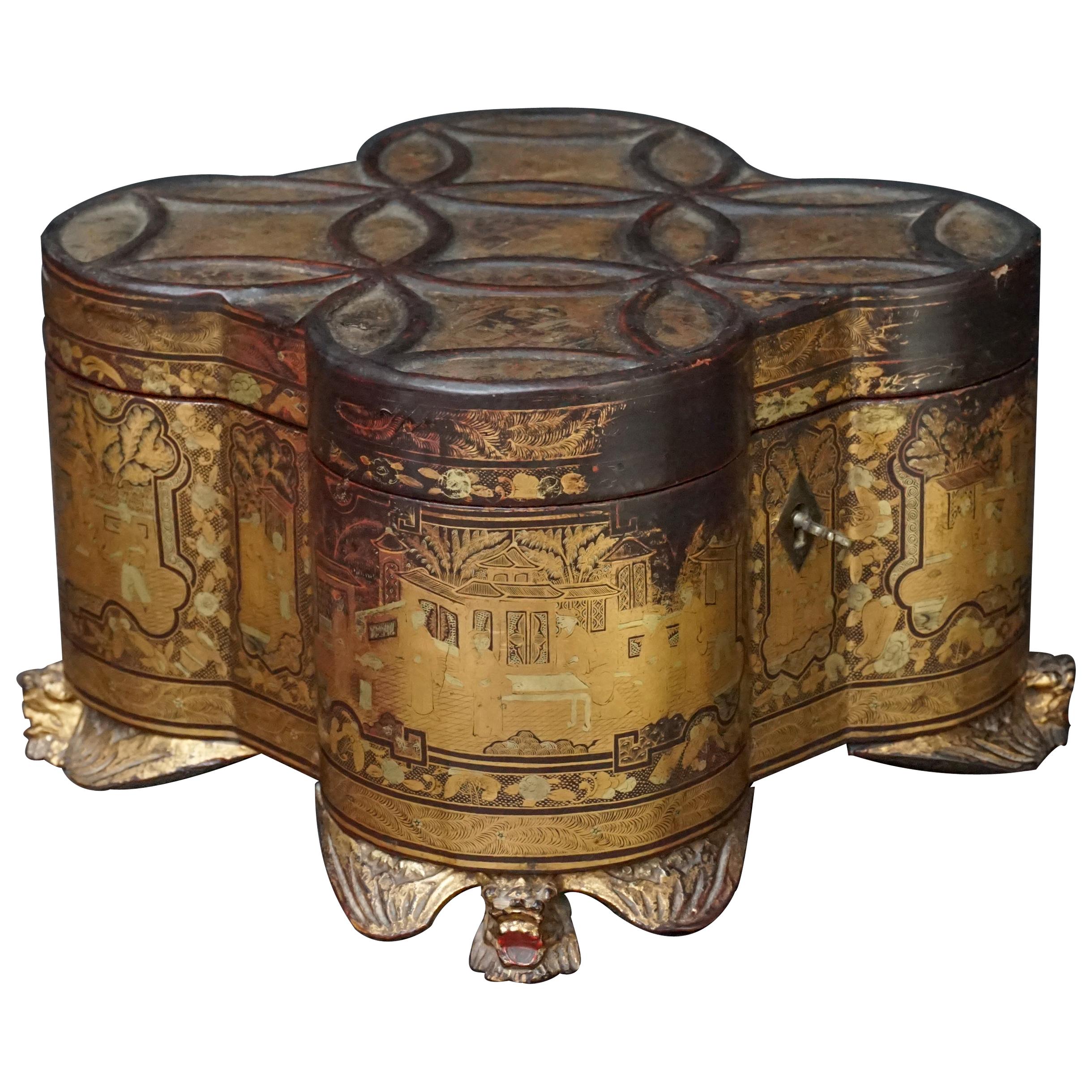 19th Century Chinese Canton Export Lacquered Giltwood Tea Caddy on Shishi Feet For Sale