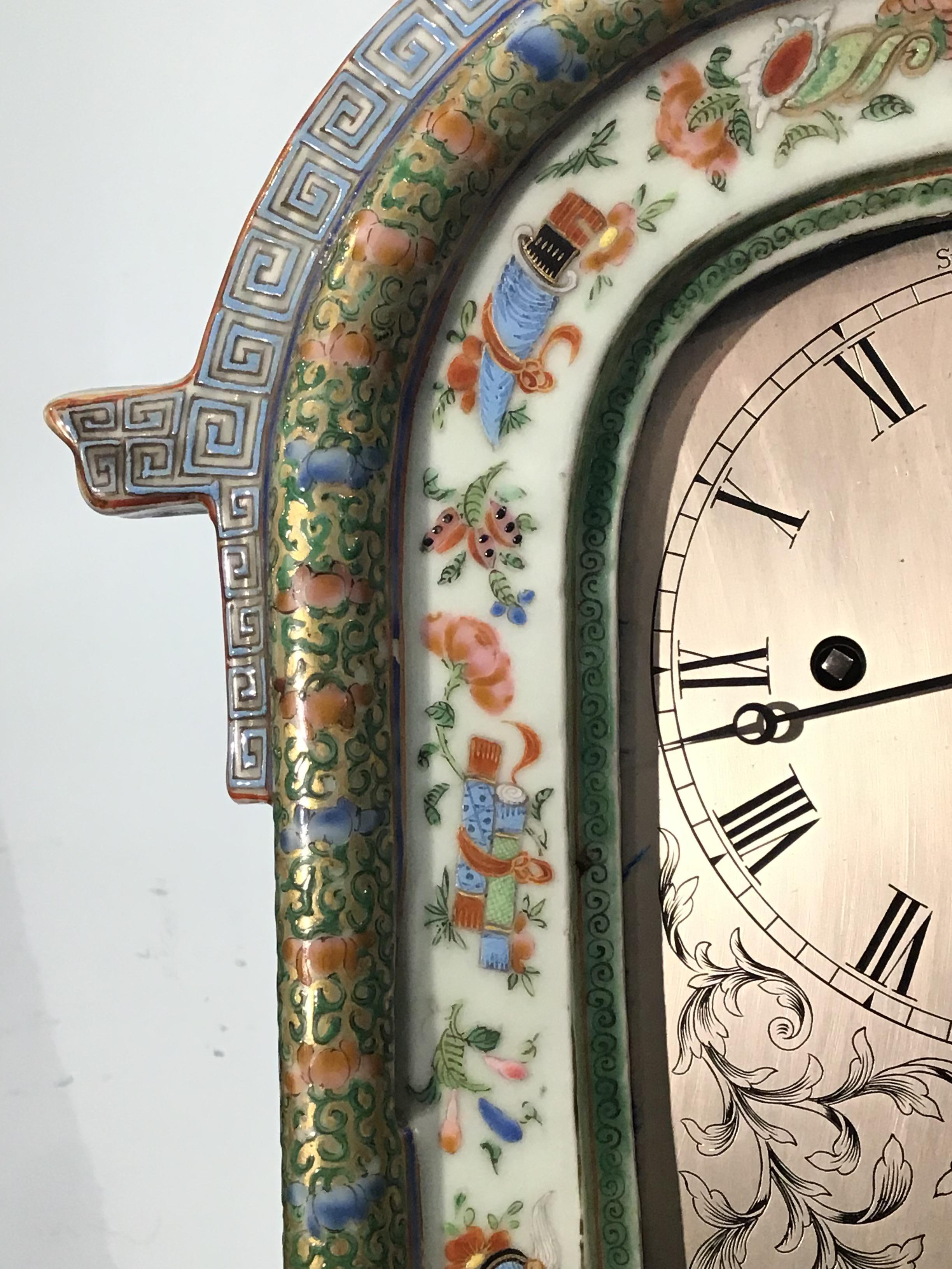 19th Century Chinese Canton Famille Rose Porcelain Clock with English Movement.  For Sale 4