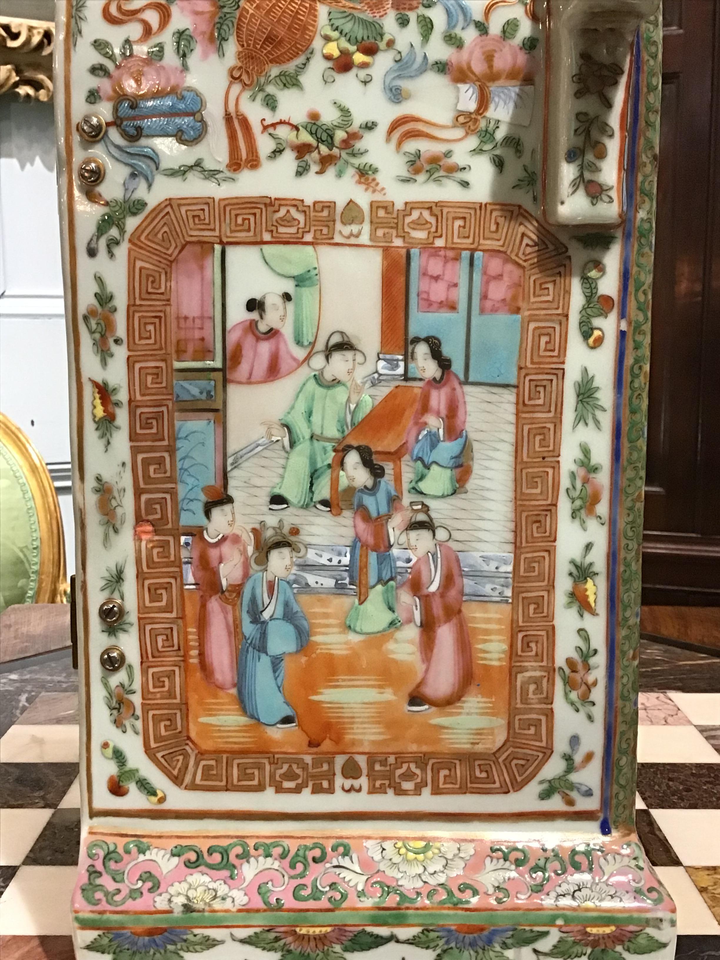 Chinese Export 19th Century Chinese Canton Famille Rose Porcelain Clock with English Movement.  For Sale