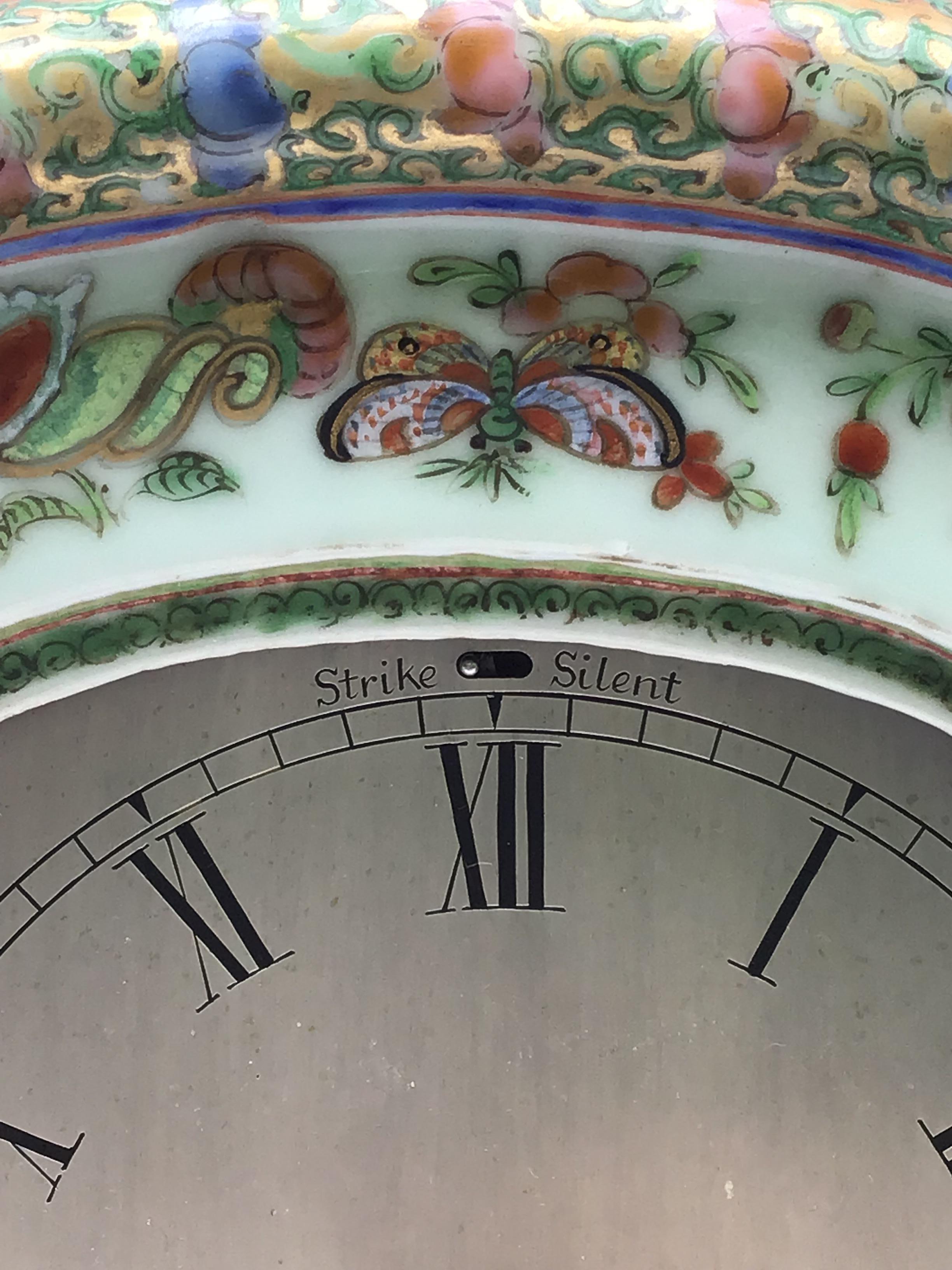 Brass 19th Century Chinese Canton Famille Rose Porcelain Clock with English Movement.  For Sale