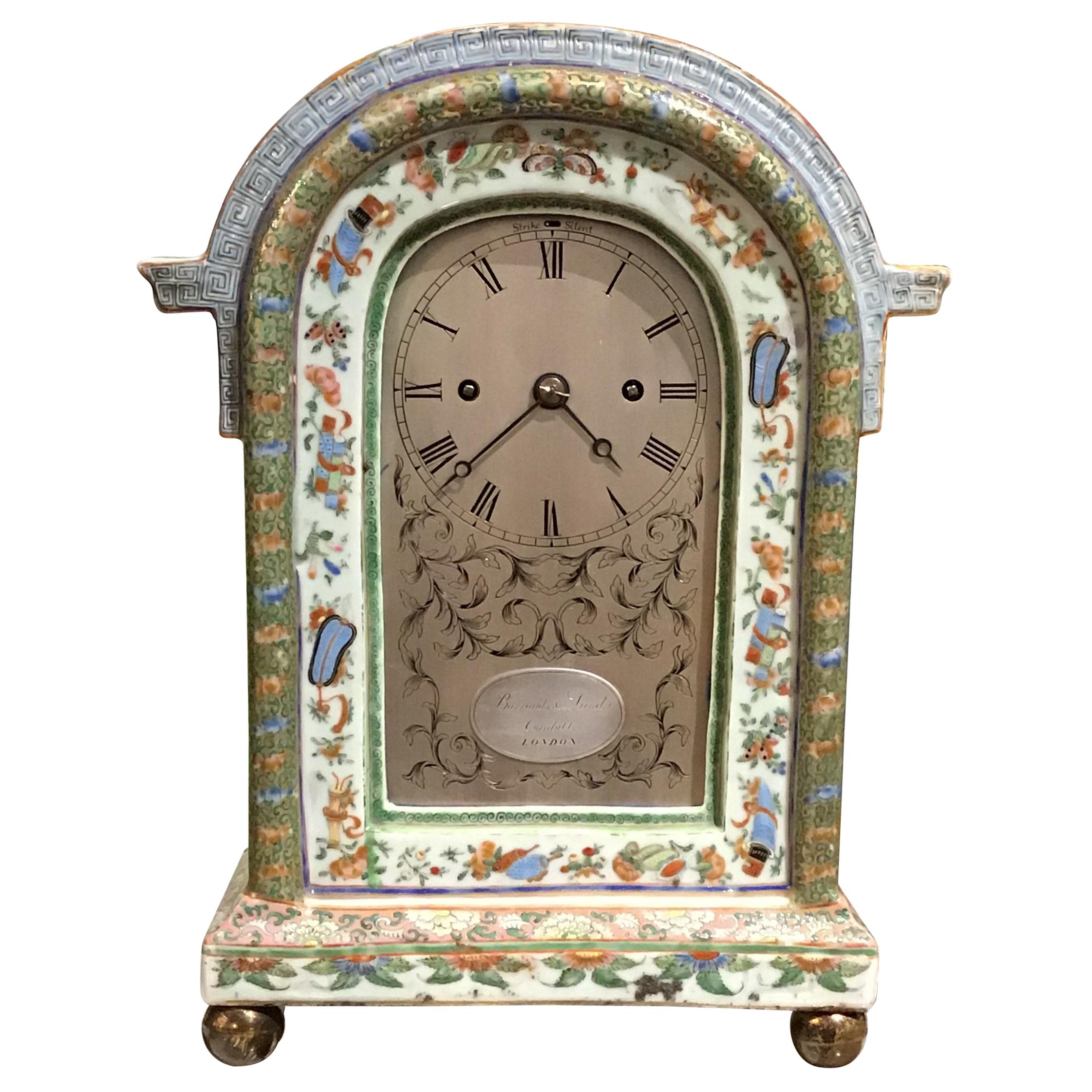 19th Century Chinese Canton Famille Rose Porcelain Clock with English Movement.  For Sale