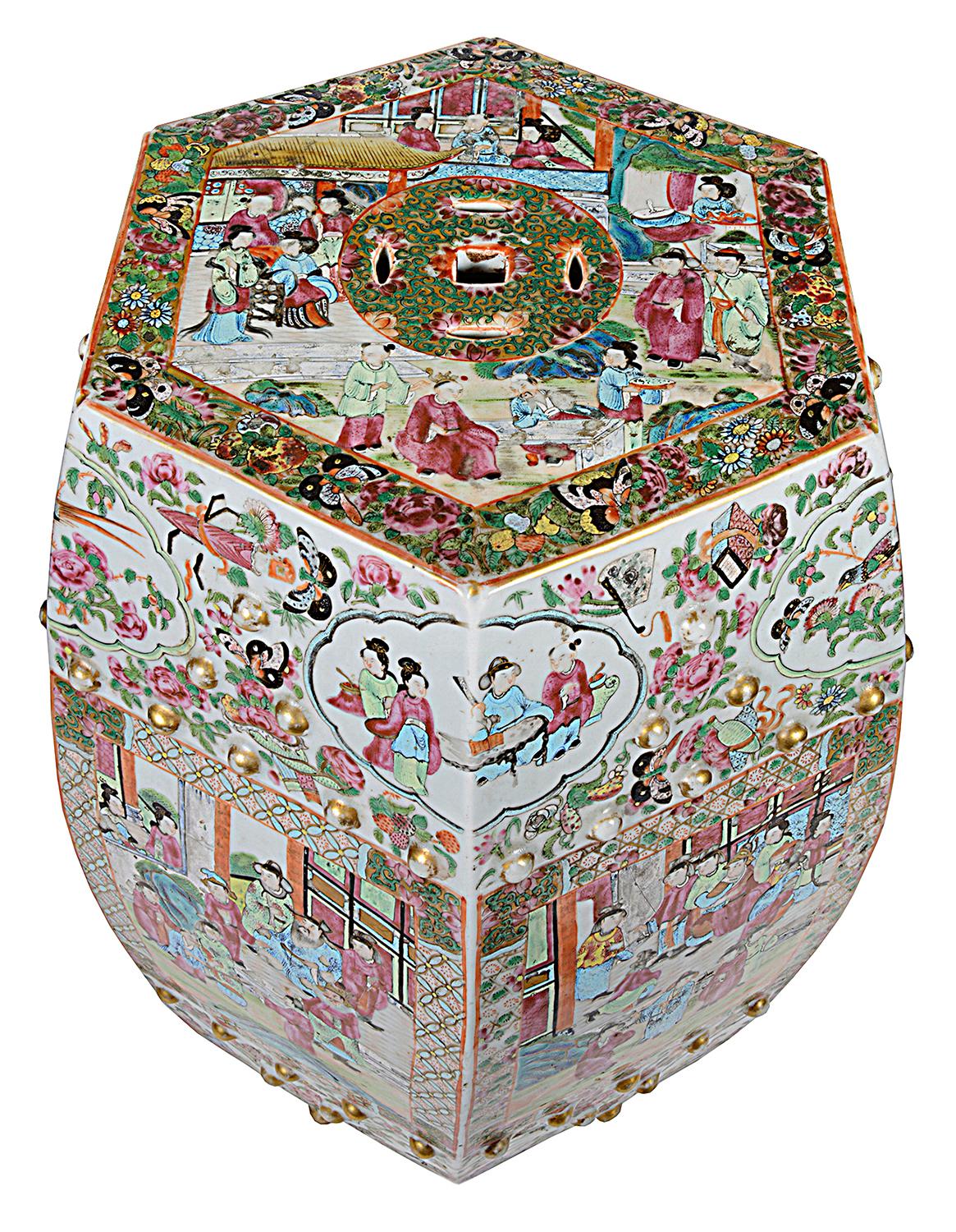 Hand-Painted 19th Century Chinese Canton / Rose Medallion Garden Seat For Sale