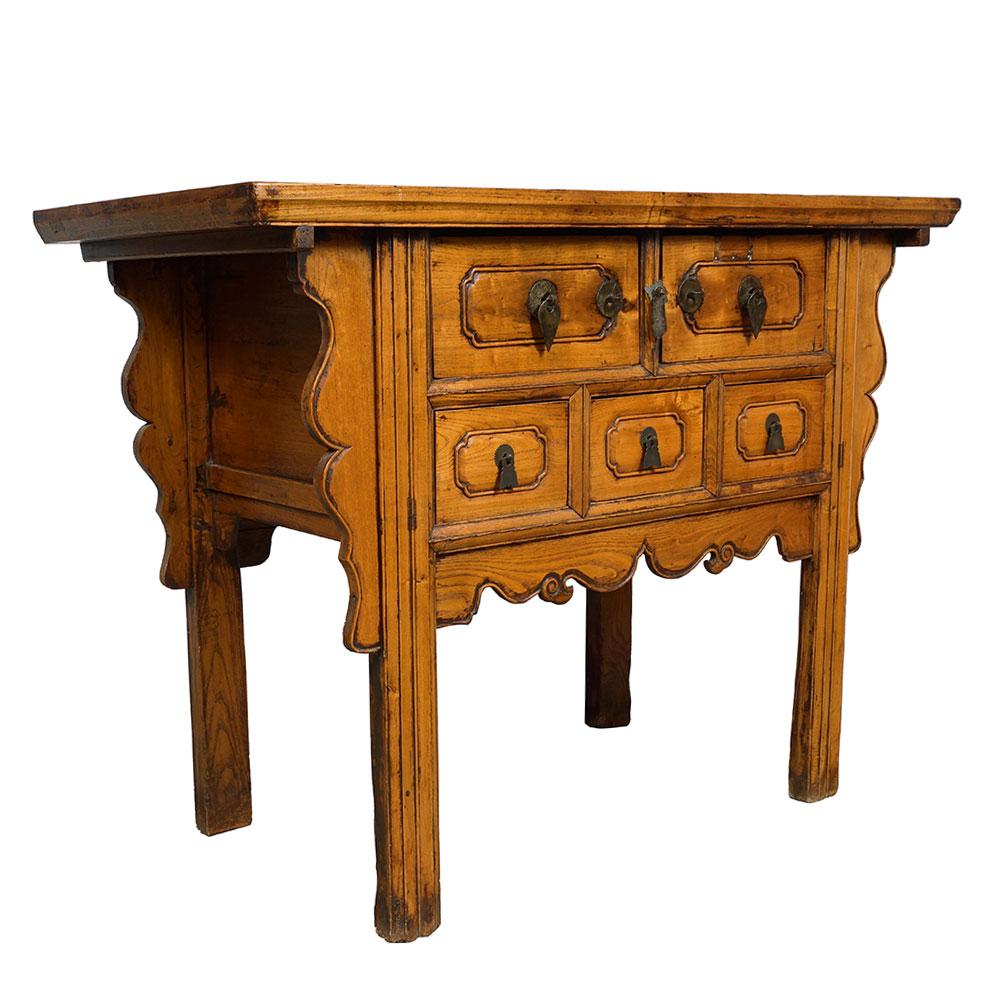 This beautiful antique carved console table has beautiful traditional detailed deep/raised carving works on the front drawer panel and legs. It features two drawers on the top and three drawers underneath them. All drawers have beautiful deep/raise
